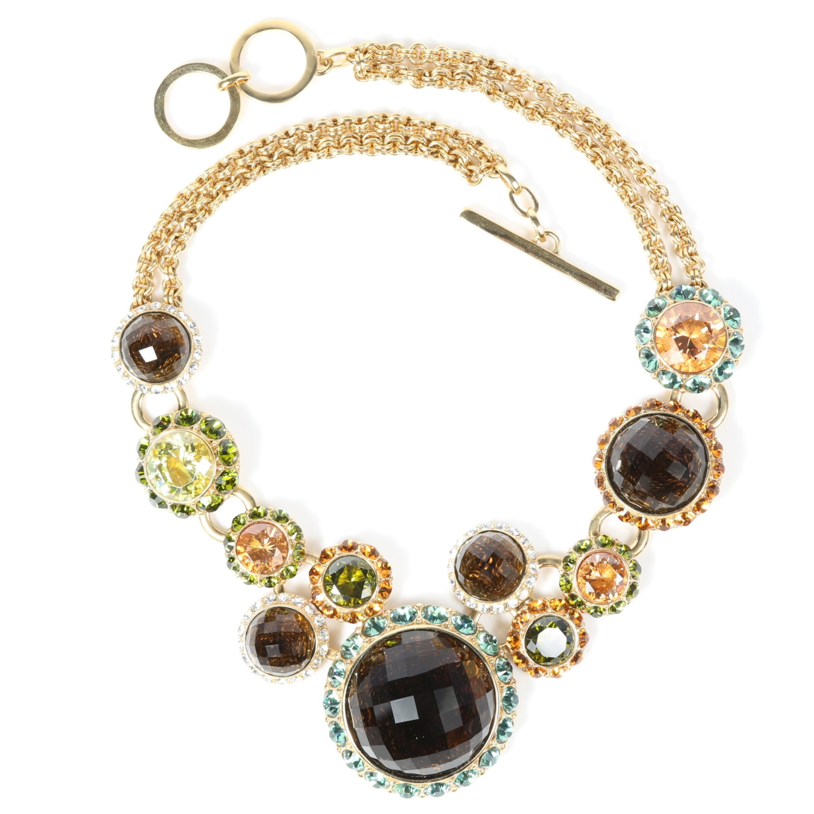 Dominique Aurientis Paris runway oversized glass cabochon and faceted glass crystal necklace with: Dominique Aurientis Paris runway oversized glass cabochon and faceted glass crystal necklace with deep smoky quartz/topaz, citrine, olive peridot, and light aqua accents Provenance: From the private c