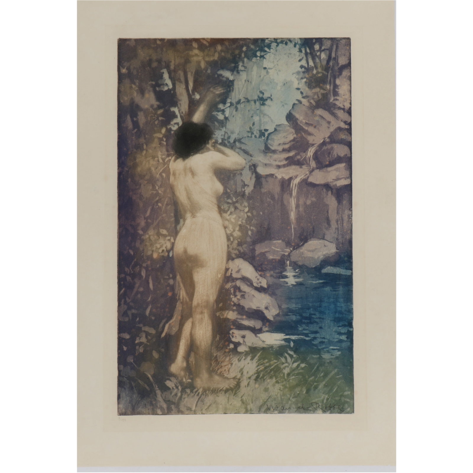 Manuel Robbe, French (1872?1936), La Source, aquatint etching, 17 1/2"H x 11"W (plate) 21 3/4"H x: Manuel Robbe French (1872–1936) La Source aquatint etching Liitle bit of foxing/discoloration.. Best seen on picture of the back of the sheet. Pencil signed lower right, numbered 3/50. Biography fro