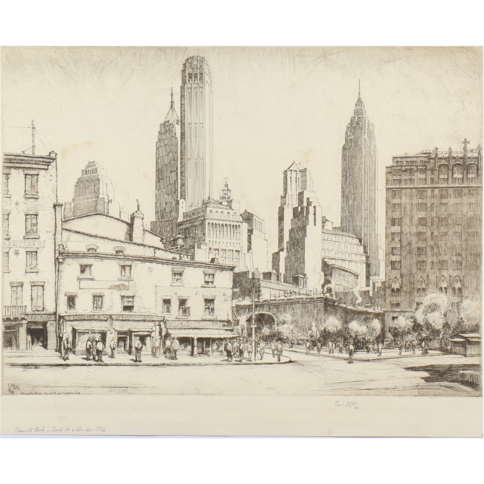 Ernest David Roth, American (1879?1964), Jeanette Park - South St. and Coenties Slip, 1946, New York: Ernest David Roth American (1879–1964) Jeanette Park - South St. and Coenties Slip, 1946 New York cityscape etching pencil signed and dated lower right. Biography from the Archives of askART: Biogra