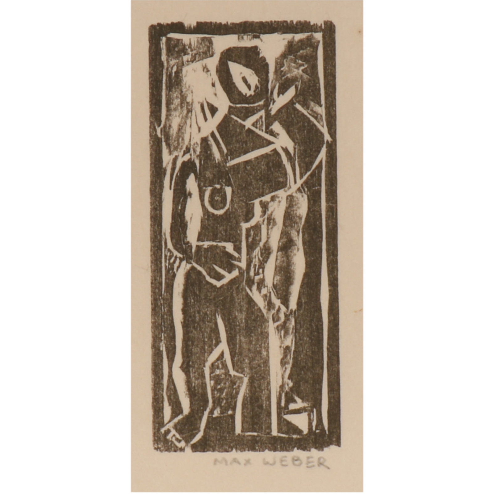 Max Weber, Russian American (1881?1961), Standing Female Figure, woodcut, %"H x 2 5/8"W (sight) 14"H: Max Weber Russian American (1881–1961) Standing Female Figure woodcut Pencil signed lower. Biography from the Archives of askART: One of the more stylistically pioneering of the early modernists, Ma