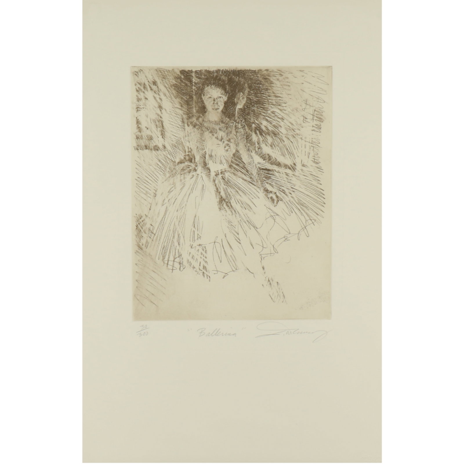 Charles Warren (C.W.) Mundy, Indiana (b. 1945), Ballerina, etching, 11 3/4"H x 9 1/4"W (plate) 26: Charles Warren (C.W.) Mundy Indiana (b. 1945) Ballerina etching Pencil signed lower right, numbered 30/100. From the artist's website: Currently based in Indianapolis, C.W. Mundy is a Master Signature