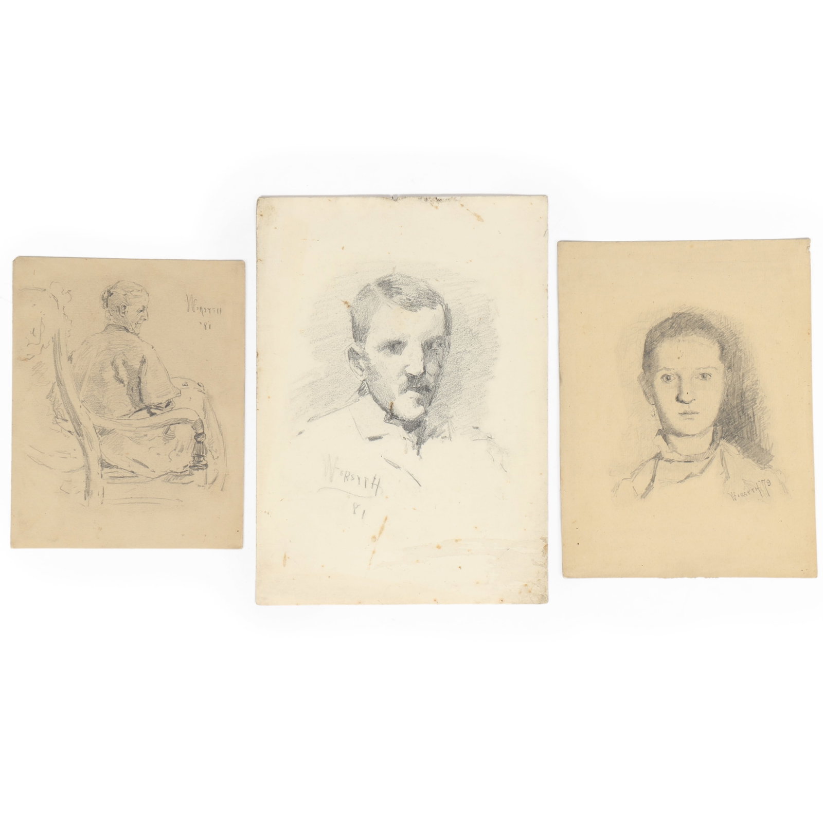 William J. Forsyth, Indiana / California (1854-1935), 3 portraits, 1879/81, graphite on paper, 9: William J. Forsyth Indiana / California (1854-1935) 3 portraits, 1879/81 graphite on paper Signed and dated. Landscape with recumbent cow on the backside of the woman in rocker. Biography from William