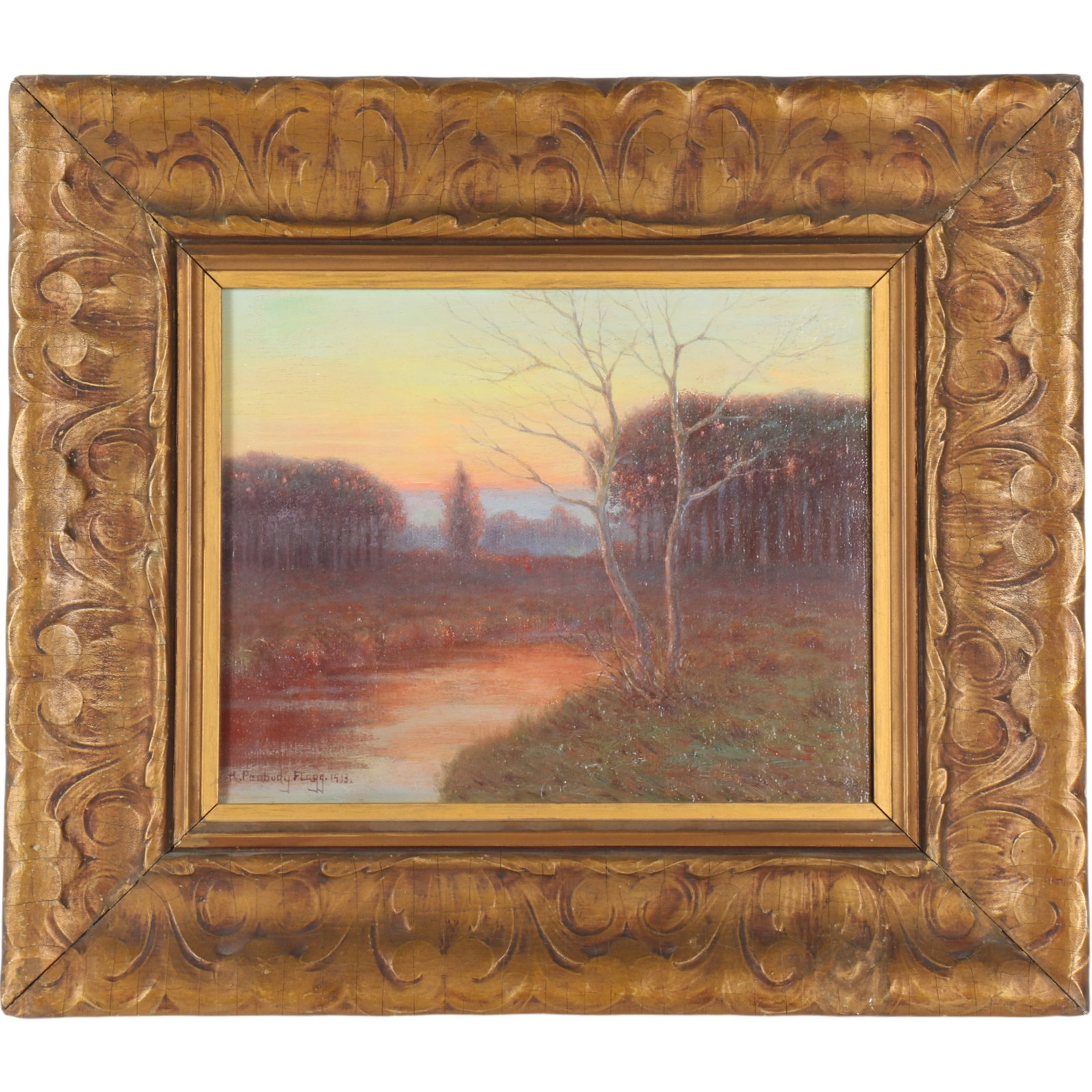 Hiram Peabody Flagg, American (1858-1937), landscape with stream, 1913, oil on board, 7 1/2"H x 9 (1 of 10)