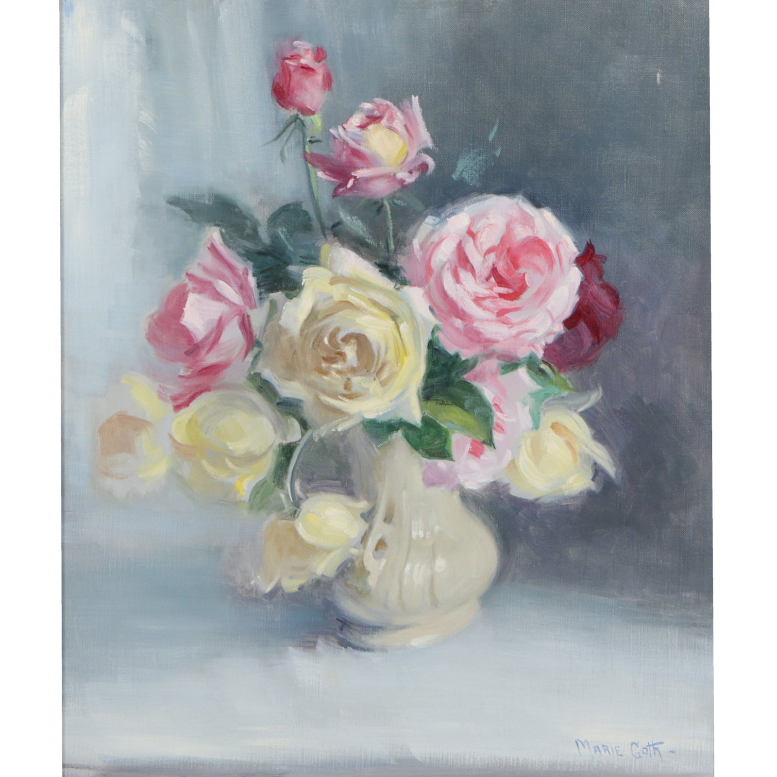 Marie Goth, Indiana (1887-1975), Roses, floral still life, oil on canvas, 24"H x 20"W(stretcher), 27: Marie Goth Indiana (1887-1975) Roses, floral still life oil on canvas Signed lower right. Artist label verso. Biography from the Archives of askART: Considered a premier portrait painter of Indiana, M