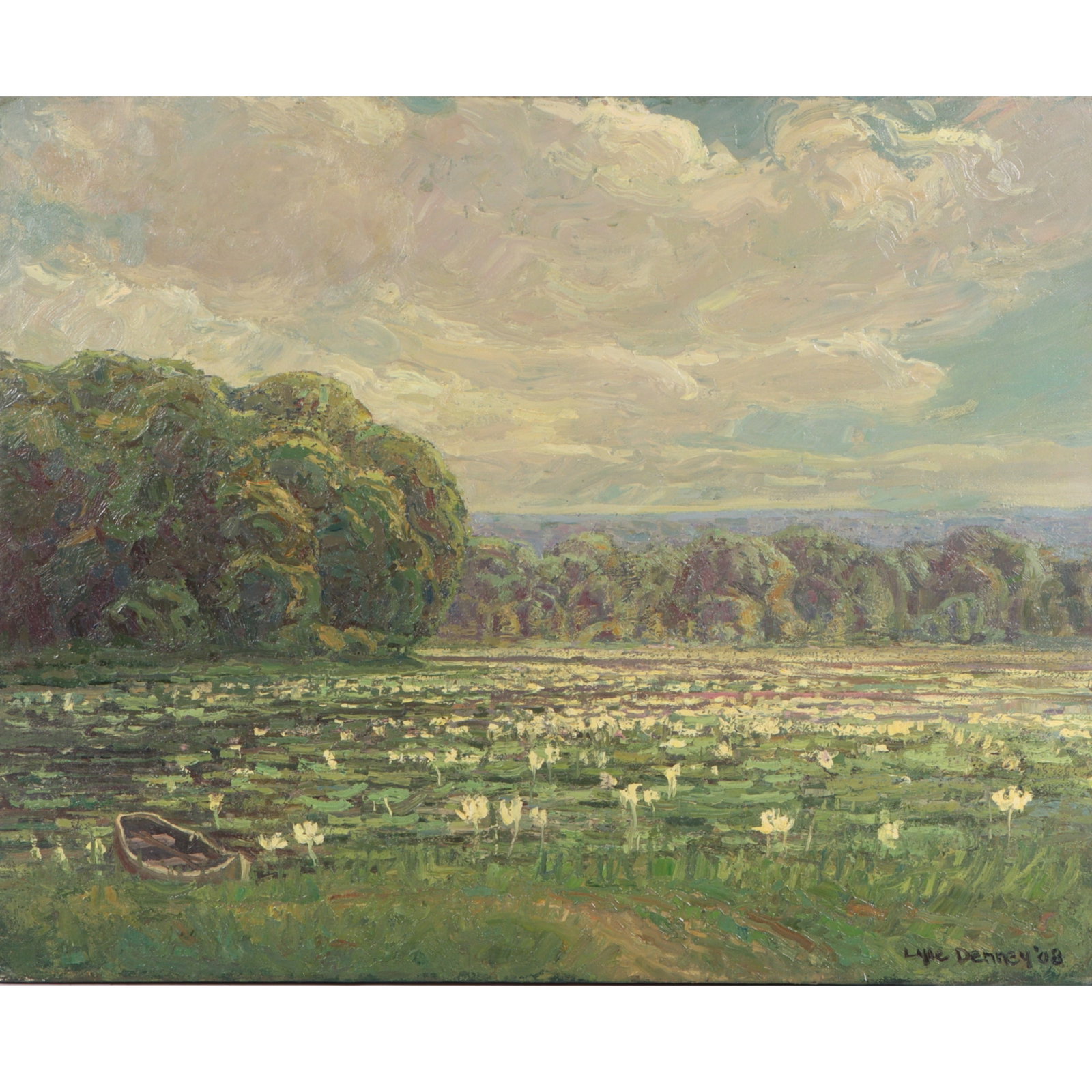 Lyle Denney, Indiana (b. 1949), Lemon Lake with Summer Lotus, 2008, impasto oil on canvas, 24 1/4"H: Lyle Denney Indiana (b. 1949) Lemon Lake with Summer Lotus, 2008 impasto oil on canvas Signed and dated lower right. Titled and dated verso. From Our Brown County: Lyle Denney?s reputation as an artis