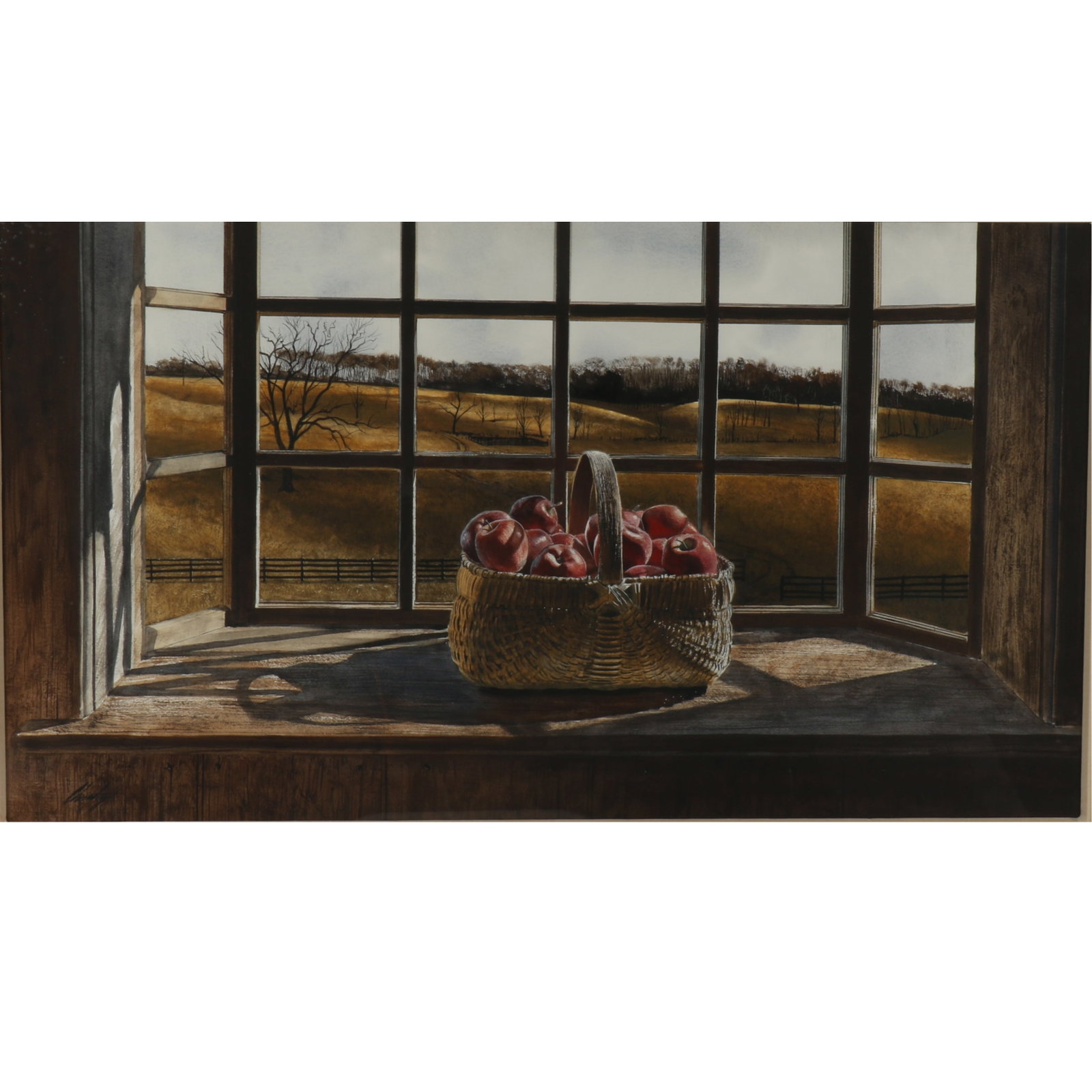 John Wesley Chumley, American (1928?1984), basket of apples on windowsill and autumn landscape in: John Wesley Chumley American (1928–1984) basket of apples on windowsill and autumn landscape in background watercolor on paper Signed lower left. Biography from R W Norton Art Gallery: Were it not f