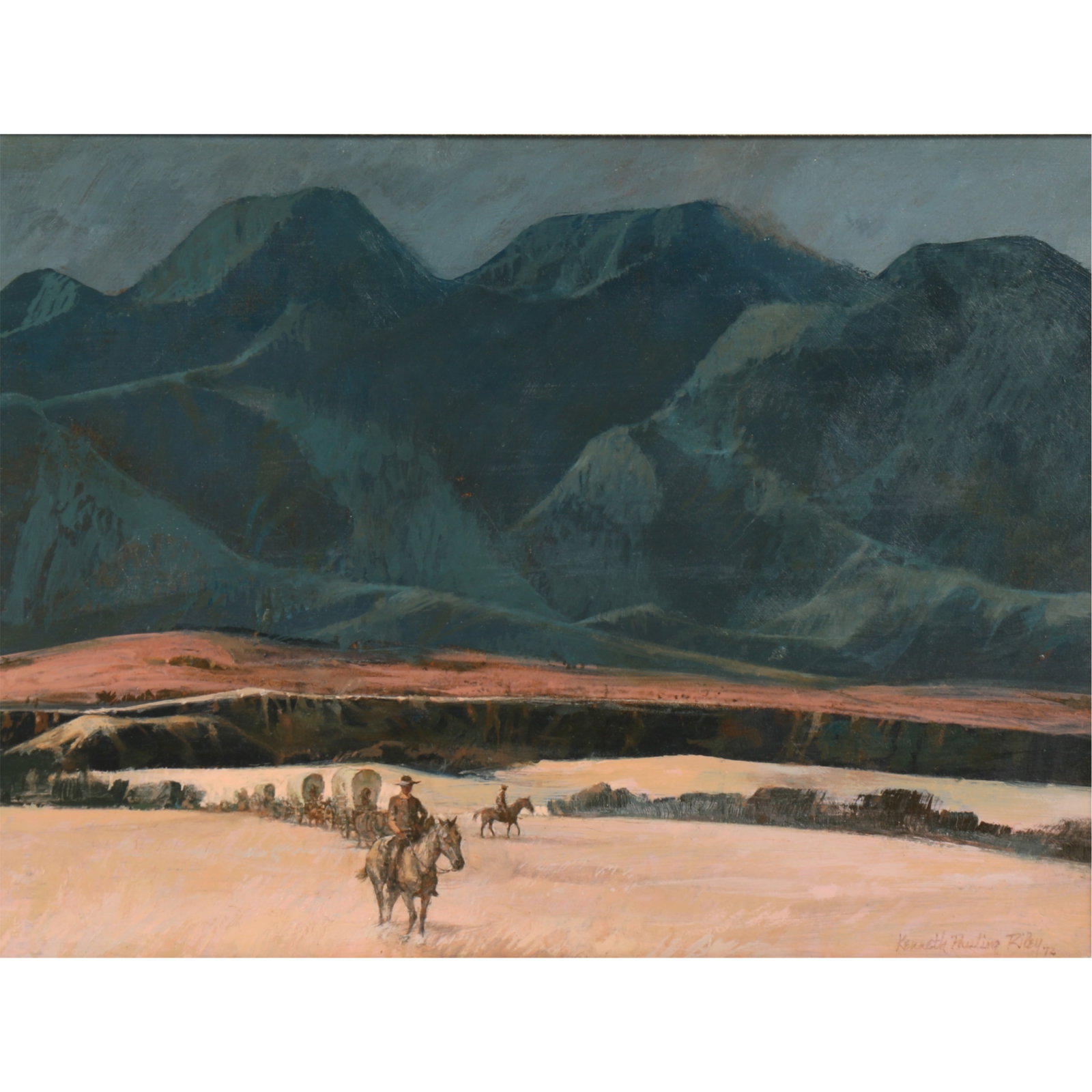 Kenneth Riley, American (1919-2015), Desert and Mountains, 1972, oil on board, 8 1/2"H x 11 1/2"W: Kenneth Riley American (1919-2015) Desert and Mountains, 1972 oil on board Signed and dated lower right. From the Vintage Poster: A realist painter of the Old West and a highly successful illustrator,