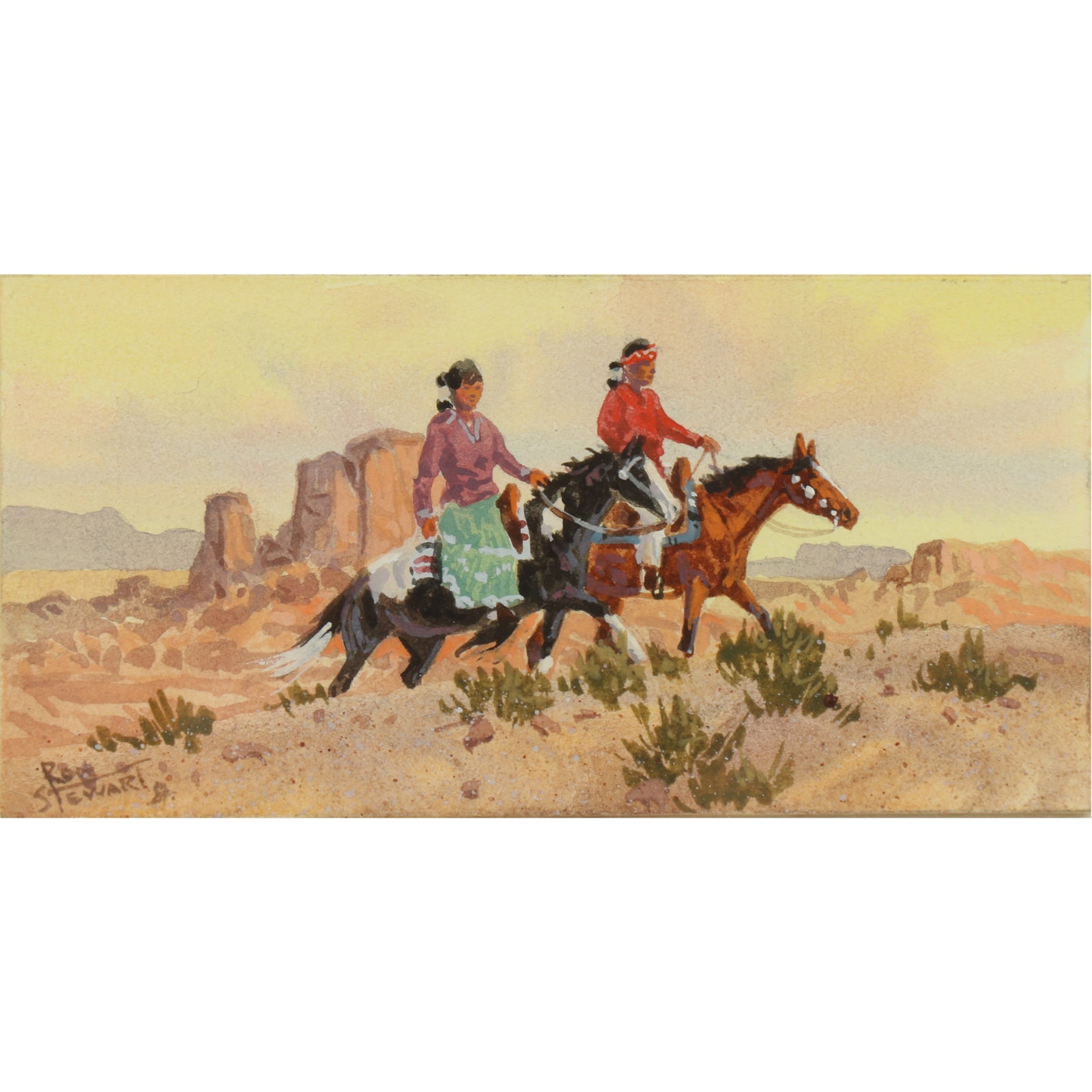 Ron Stewart, American (b. 1941), Two Riders in Monument Valley, miniature watercolor on paper, 2"H x (1 of 8)