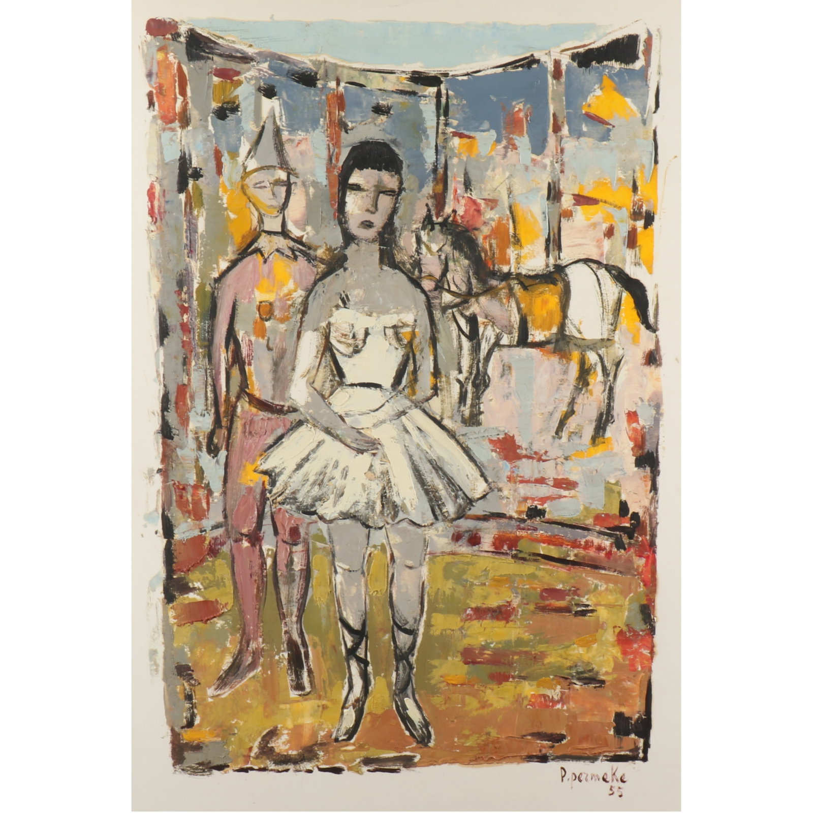 Paul Permeke, Belgian (1918-1990), circus scene with performers and horse, 1955, oil on paper, 22"H (1 of 12)