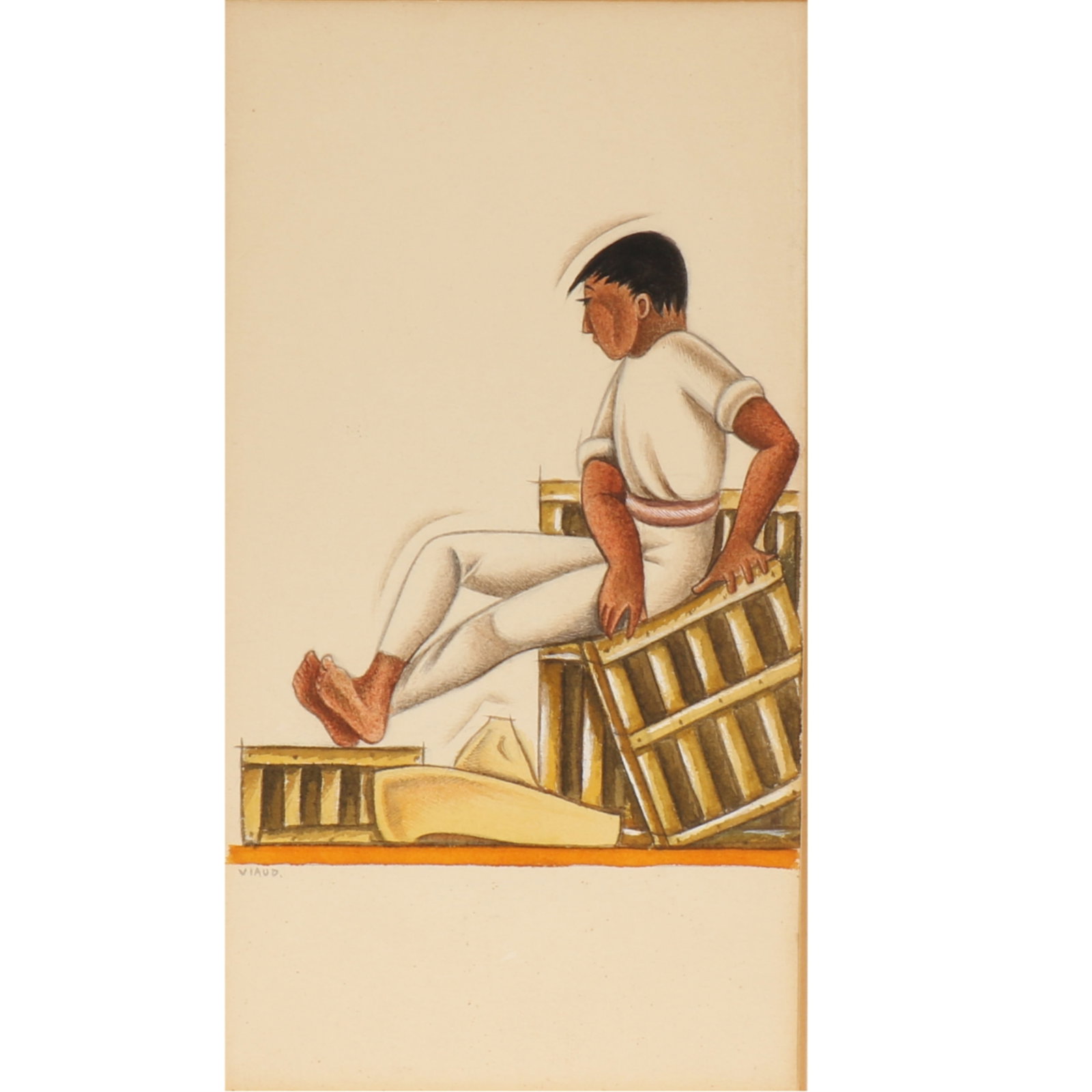 Emilio Baz Viaud, Mexican (1918?1991), Hombre Balanceandose en la Caja, watercolor on paper mounted: Emilio Baz Viaud Mexican (1918–1991) Hombre Balanceandose en la Caja watercolor on paper mounted to board Mat is dry and flaky and crumbly. The painting seems fine, just the mat is flaky. Signed low