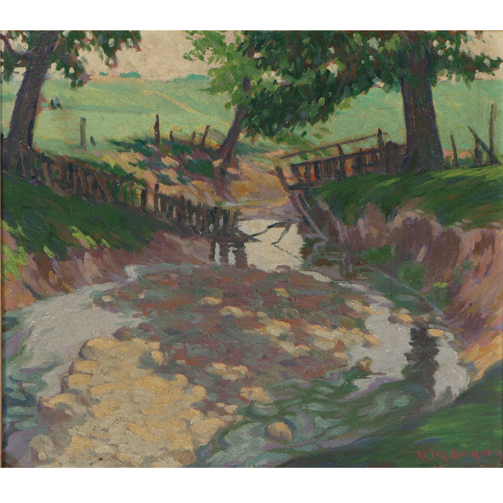 H.M. Gregory, (20th century), rural landscape with stream, oil on board, 14"H x 16"W(board), 17 (1 of 9)