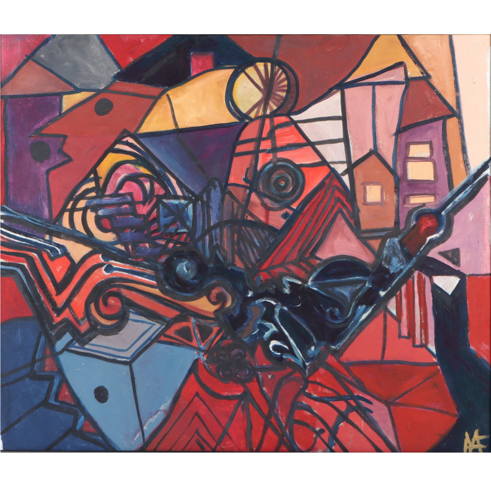 Mae Alice Engron, Indiana (1933-2007), abstract, oil on canvas, 28"H x 33"W(stretcher), 30"H x 34: Mae Alice Engron Indiana (1933-2007) abstract oil on canvas Signed with initials lower right. Biography from the Archives of askART: Mae Alice Engron was born, raised and died in Indianapolis, Indiana
