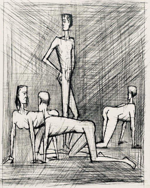 Bernard Buffet, Composition (Reinz 208-222), Voyages Fantastiques, Limited Edition Etching: Drypoint etching on papier de Rives B.F.K. pur fil paper. Paper size: 16.125 x 12.875 inches. Excellent condition. Unsigned and unnumbered, as issued. Notes: From the folio, Voyages fantastiques aux &