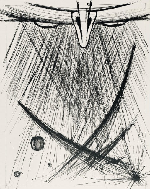 Bernard Buffet, Composition (Reinz 208-222), Voyages Fantastiques, Limited Edition Etching: Drypoint etching on papier de Rives B.F.K. pur fil paper. Paper size: 16.125 x 12.875 inches. Excellent condition. Unsigned and unnumbered, as issued. Notes: From the folio, Voyages fantastiques aux &