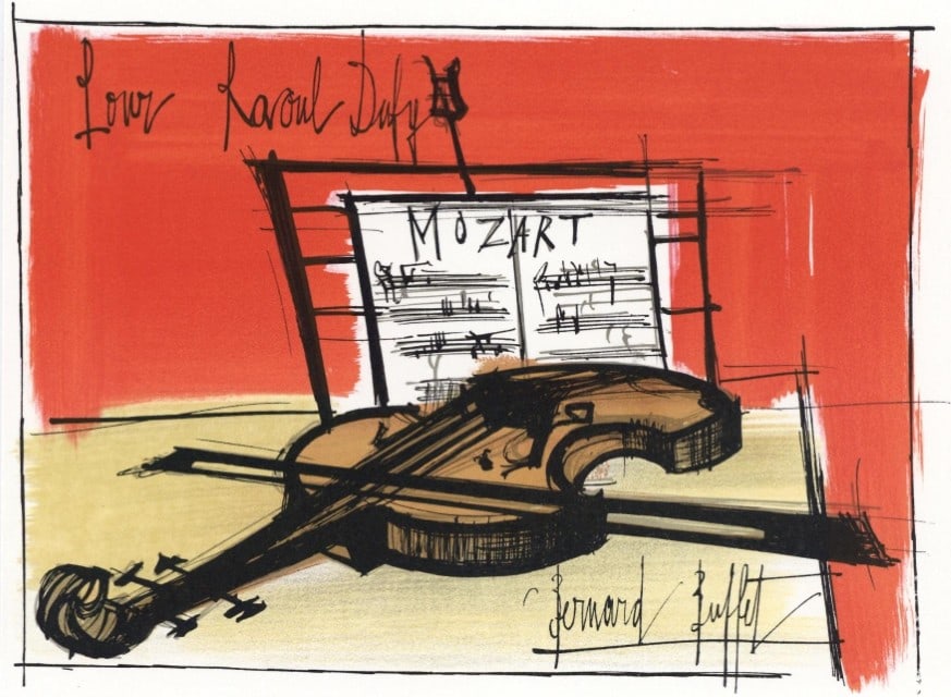 Bernard Buffet, Composition, Lettre à mon peintre Raoul Dufy, Limited Edition Lithograph: Lithograph on vélin d'Arches Arjomari paper. Paper size: 11.81 x 9.45 inches. Excellent condition. Unsigned and unnumbered, as issued. Notes: From the folio, Lettre à mon peintre Raoul Dufy,