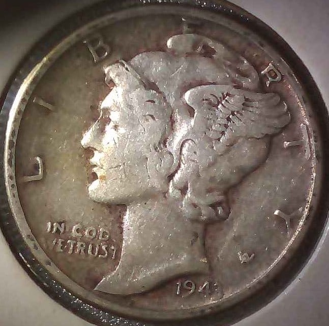 UNITED STATES 1943 D MERCURY DIME: The 1943-D Mercury dime is a 90% silver, 10% copper coin minted in Denver in 1943. It has a diameter of 17.8?17.90 millimeters and weighs 2.5 grams. The coin features the following designs:ObverseA wo