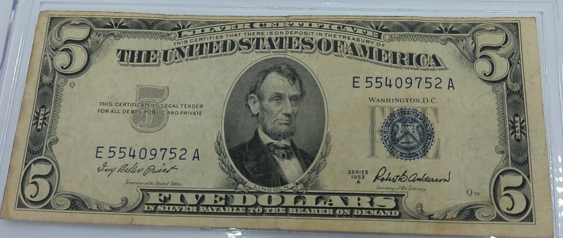 UNITED STATES 1953 $5 SILVER CERIFICATE: The 1953 $5 Silver Certificate was the last of the $5 silver certificates issued for commerce. Until the early 1960s, it could be redeemed for silver on demand, but Congress discontinued the option in