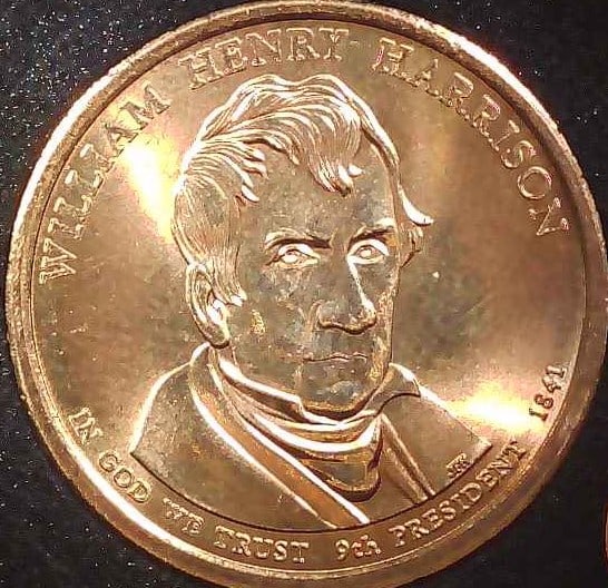 UNITED STATES $1 WILLIAM HENRY HARRISON: Features Issuer United States Period Federal republic (1776-date) Type Circulating commemorative coin Year 2009 Composition Manganese brass clad copper Weight 8.1 g Diameter 26.5 mm Thickness 2 mm Sha