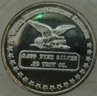 WORLD RESERVE MONETARY EXCHANGE .25 TROY OZ .999 FINE SILVER ROUND: World Reserve Monetary Exchange .25 Troy Oz .999 Fine Silver Round