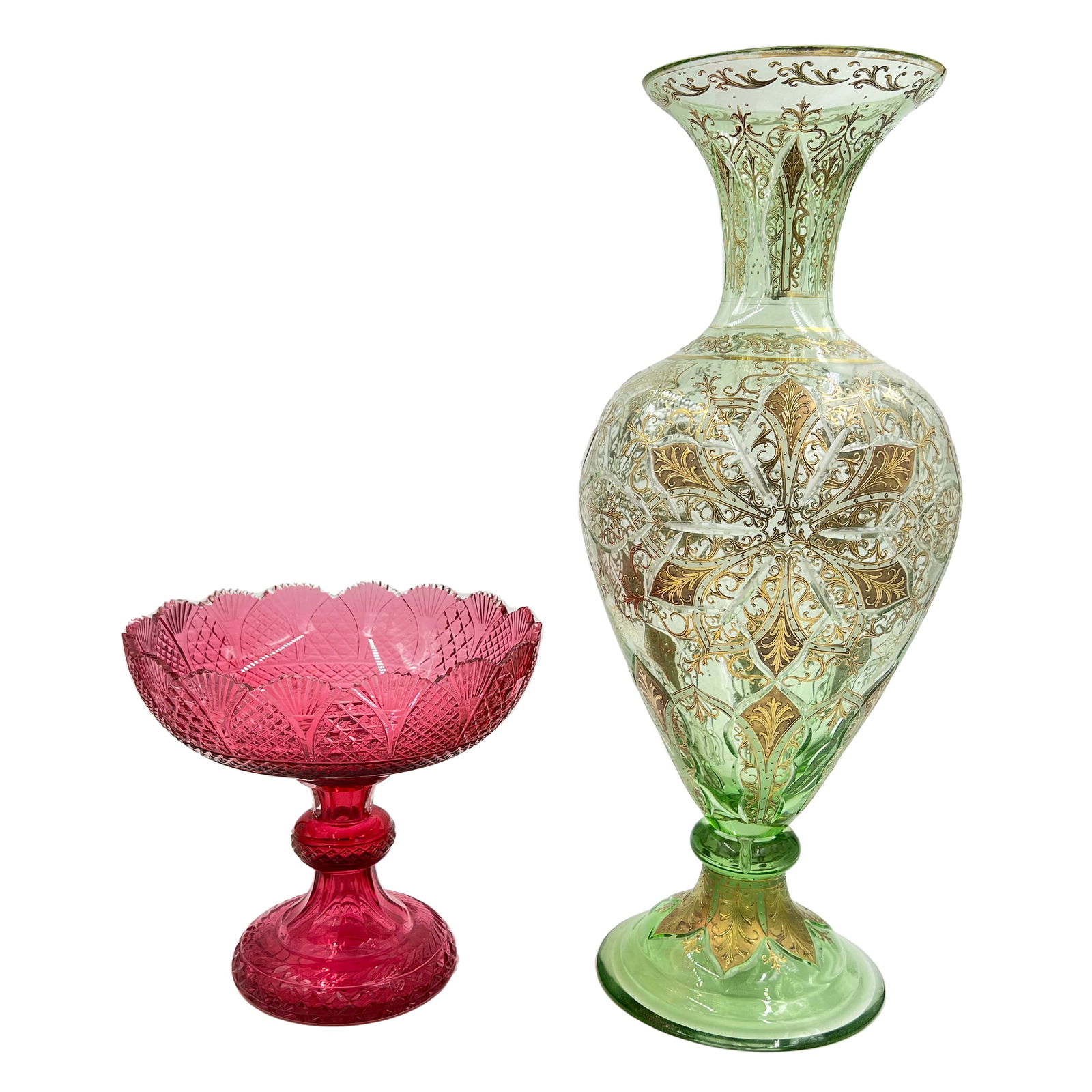 RUBY BOHEMIAN GLASS TAZZA AND LARGE GREEN GLASS VASE (1 of 2)
