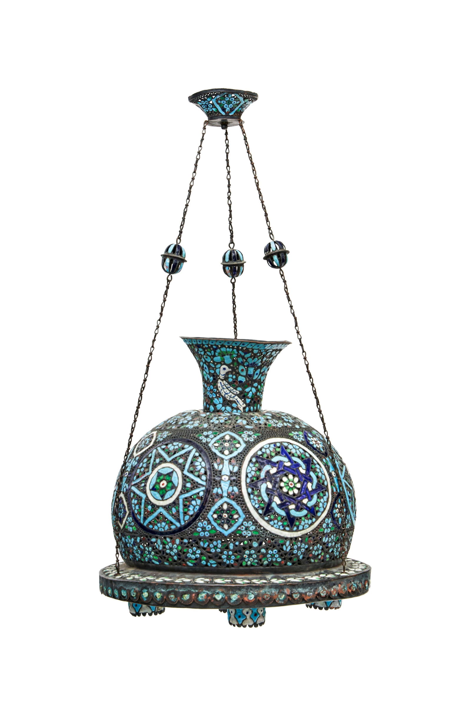 A MONUMENTAL ROUND DAMASCUS ENAMELLED COPPER MOSQUE LAMP, SYRIA, 19TH CENTURY (1 of 3)