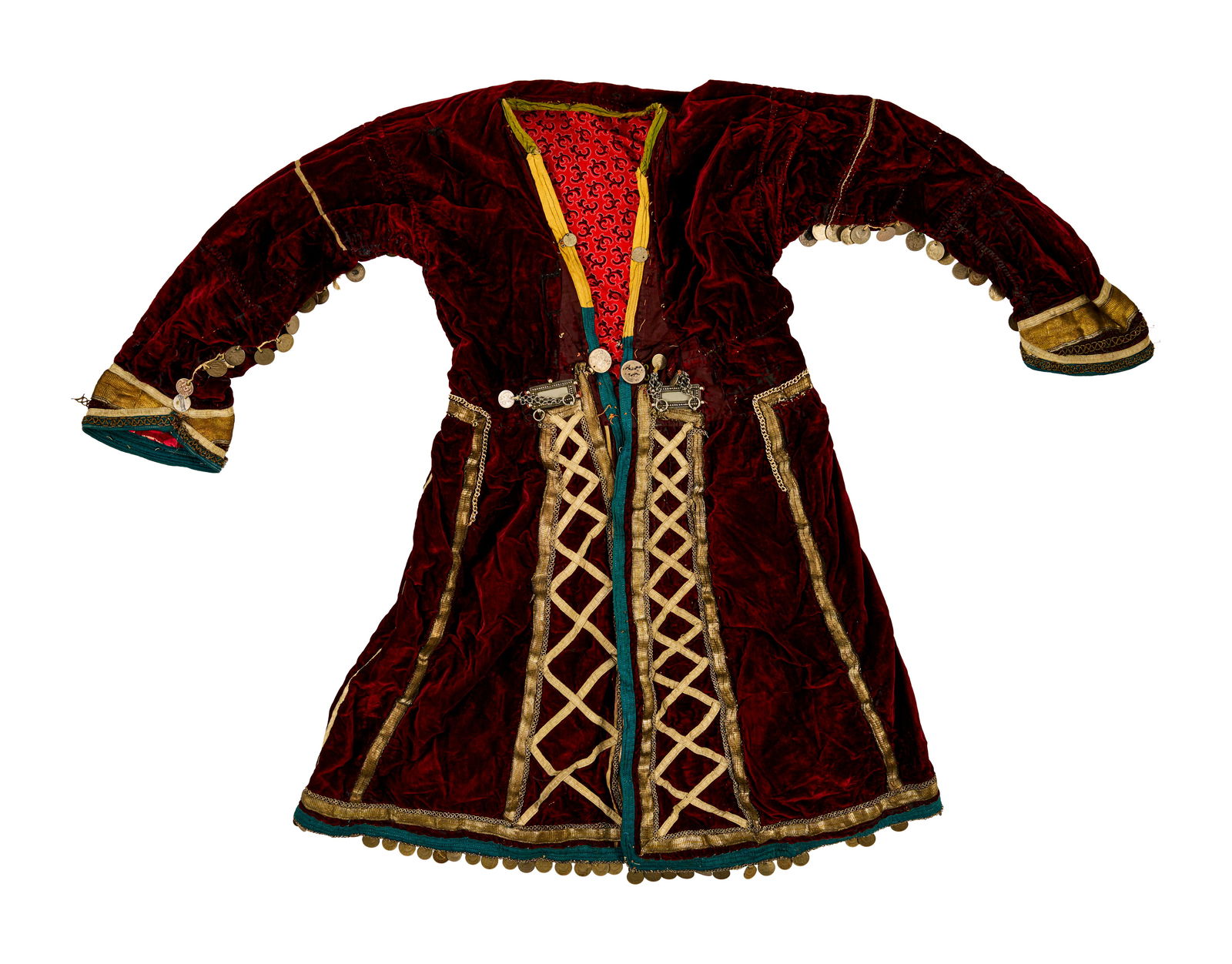 A VINTAGE PALESTINE WOMEN DRESS DECORATED WITH SILVER COINS, 20TH CENTURY (1 of 6)