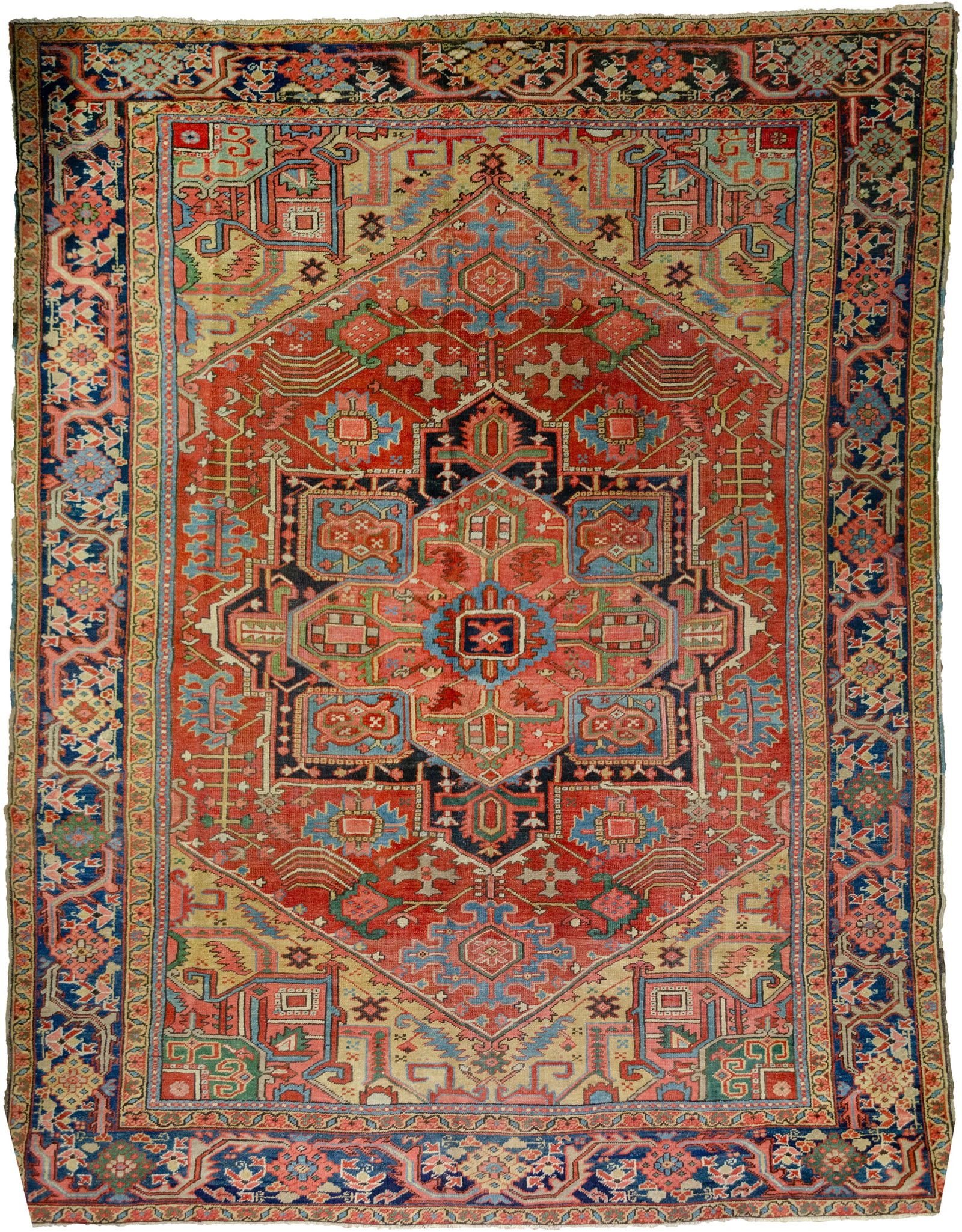 A LARGE ANTIQUE BAKHSHAYSH CARPET, 380 X 294CM: With rich red ground colour contains a large red medallion. The motifs around the medallion have unusual features, like the multicoloured branches coming out of the flowers next to the spandrels. This