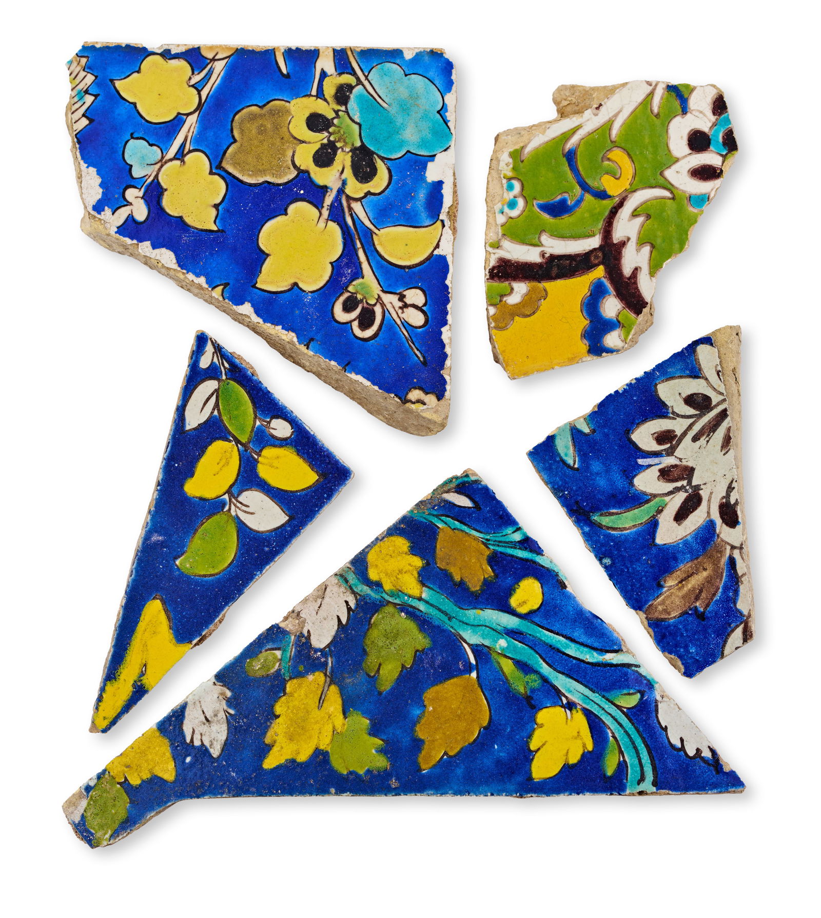 A GROUP OF FIVE SAFAVID GLAZED POTTERY TILES FRAGMENTS, PERSIA, 17TH CENTURY (1 of 2)
