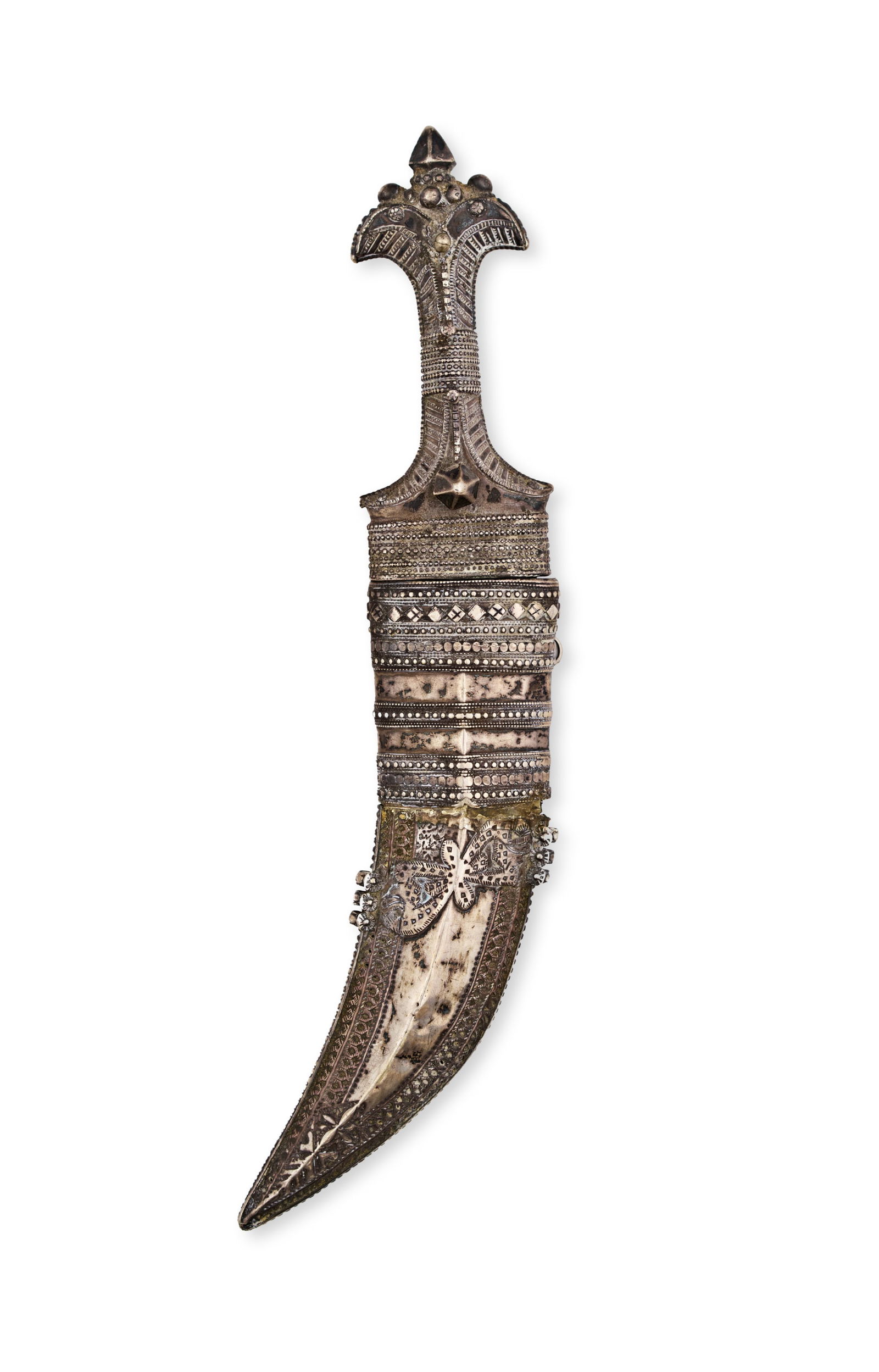 A SILVER MOUNTED JAMBIYA DAGGER, SAUDI ARABIA, 19TH - 20TH CENTURY: A curved Jambiya dagger housed in a finely crafted silver-mounted sheath. The hilt of distinctive flared design, entirely decorated with applied filigree motifs and intricate silver beading. The scabb