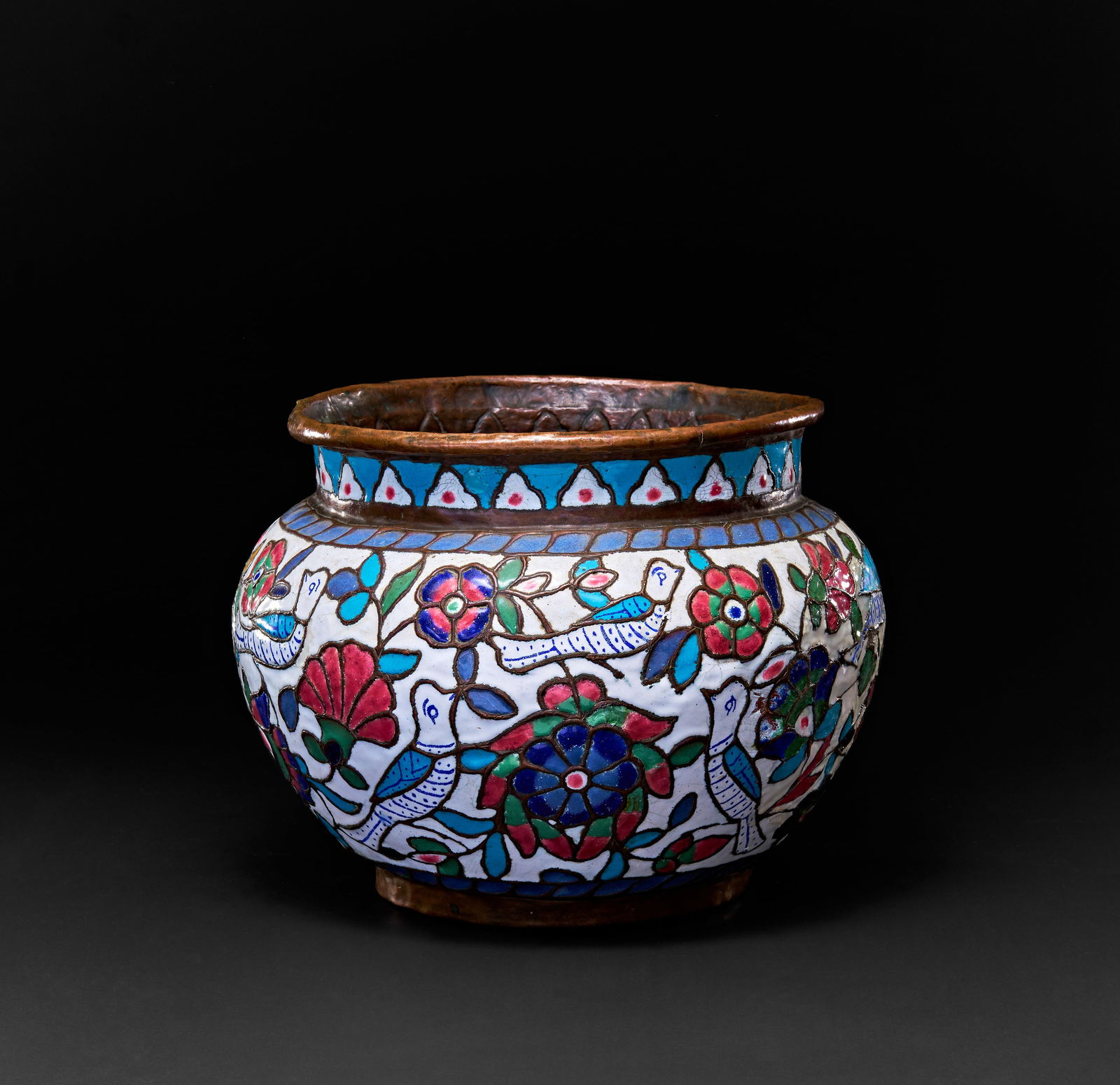 A LARGE ENAMELLED COPPER BOWL, SYRIA DAMASCUS, 19TH CENTURY (1 of 3)