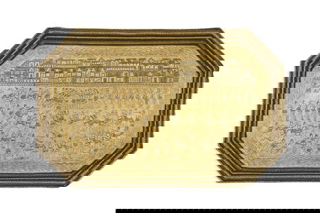 AN INDIAN ENGRAVED BRASS TRAY, BATTLE SCENE BETWEEN BRITISH AND SIKH ARMY, 19TH CENTURY: This striking 19th-century Indian engraved brass tray captures a dramatic martial tableau, likely representing a colonial-era battle scene between the British and Indian (possibly Sikh) forces. Crafte