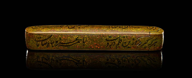 AN INDIAN LACQUERED PAPIER MACHE PEN BOX / QALAMDAN WITH CALLIGRAPHY, KASHMIR, 19TH CENTURY: A PERSIAN LACQUERED PAPIER MACHE PEN BOX / QALAMDAN WITH CALLIGRAPHY, KASHMIR, 19TH CENTURY L: 25 cm