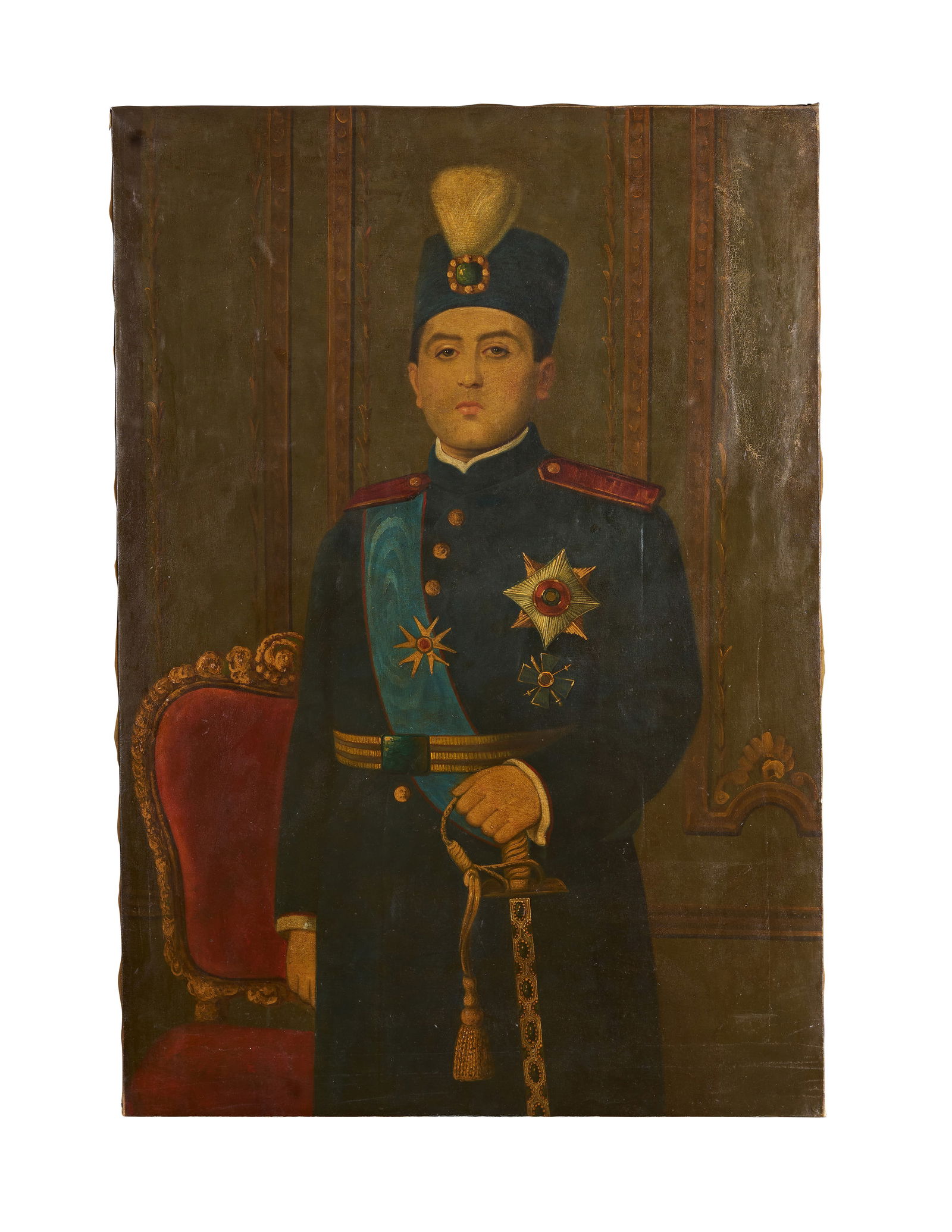 A LARGE OIL ON CANVAS PAINTING DEPICTS AHMAD SHAH QAJAR: A striking and monumental oil on canvas portrait depicting Ahmad Shah Qajar (r. 1909â€“1925), the last ruling monarch of the Qajar dynasty in Persia (modern-day Iran). Rendered in rich, satura