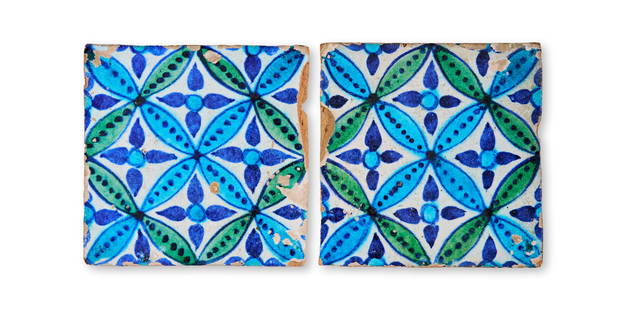 TWO NORTH INDIAN GLAZED POTTERY TILES, MULTAN, 19TH CENTURY: TWO NORTH INDIAN GLAZED POTTERY TILES, MULTAN, 19TH CENTURY 20 x 20cm 