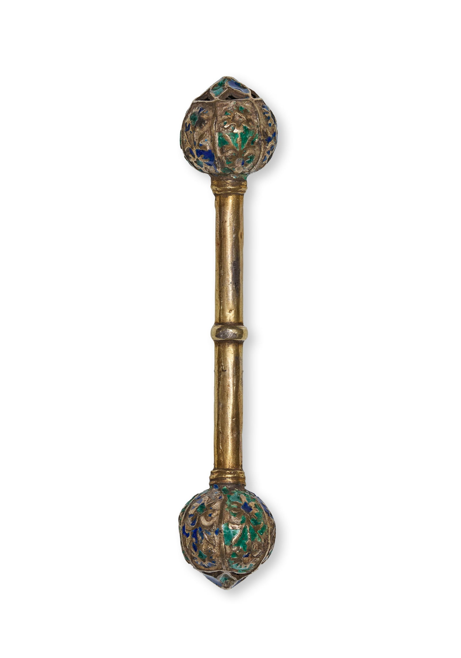 AN UNUSUAL ENAMELLED GILDED SILVER CHILD RATTLE, INDIA, 18TH - 19TH CENTURY (1 of 3)