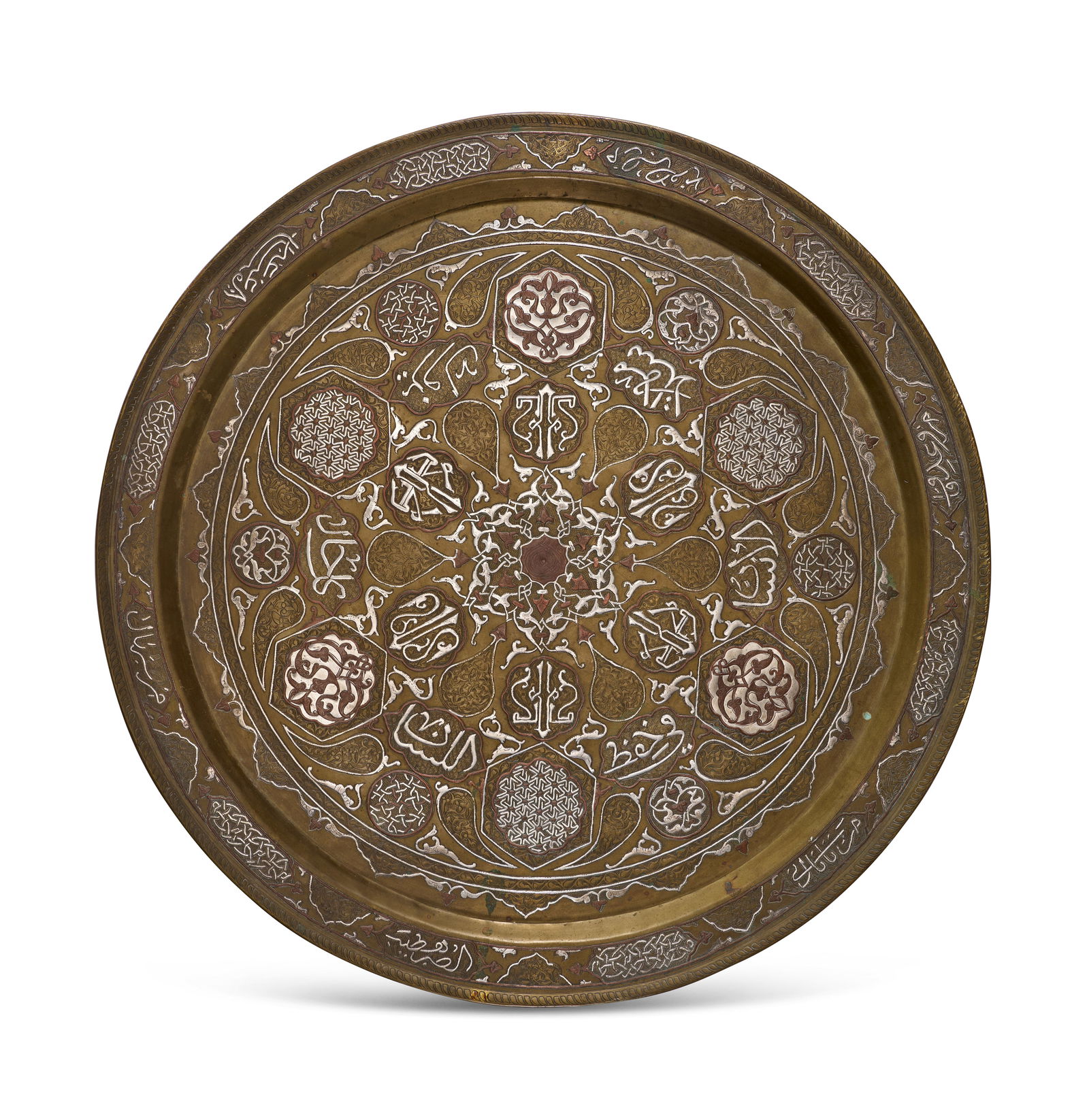 A LARGE DAMASCUS SILVER INLAID BRASS TRAY, SYRIA, CIRCA 1900 (1 of 2)