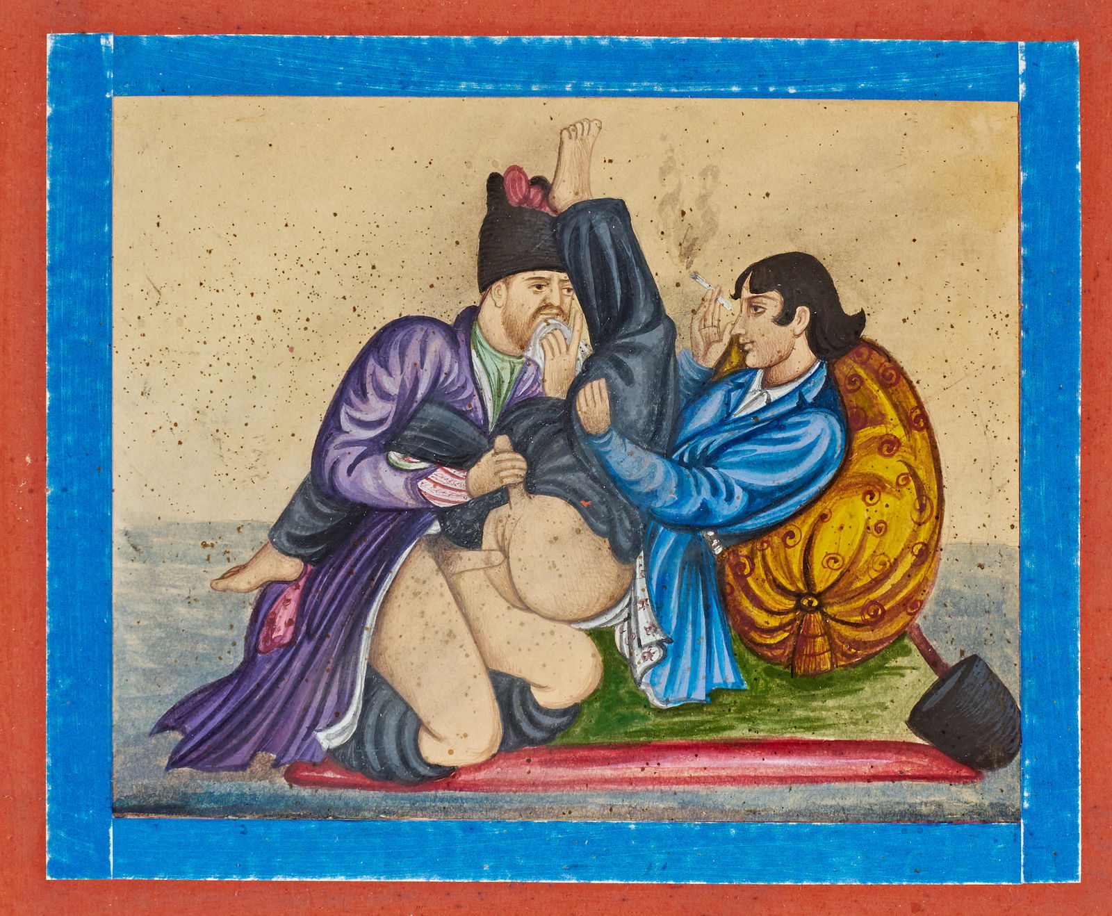 AN EROTIC PERSIAN MINIATURE PAINTING, 19TH - 20TH CENTURY: A finely executed Persian miniature painting depicting an intimate erotic scene, rendered in rich pigments on paper. The composition features two male figures in a vividly detailed setting, framed by