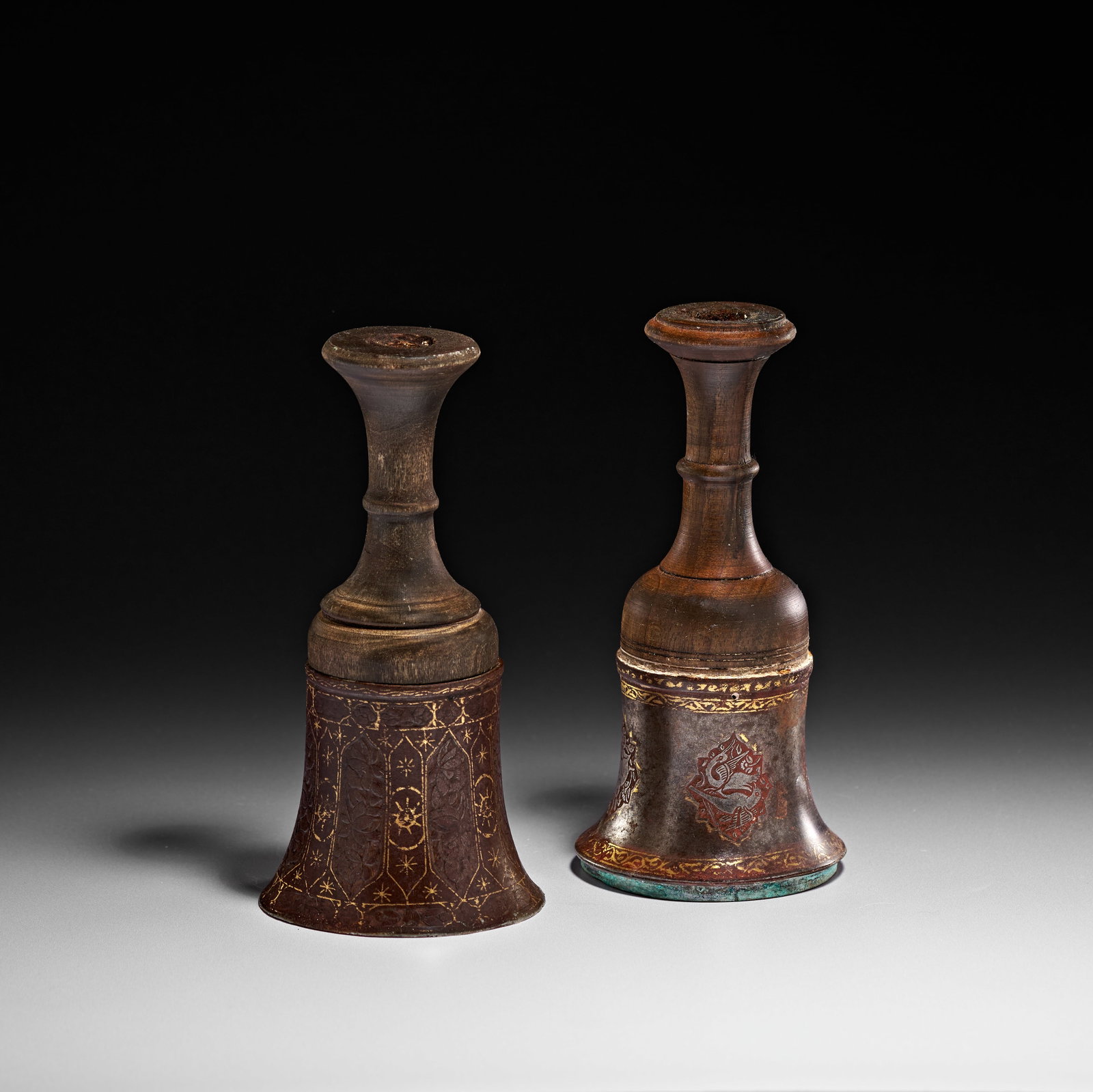 TWO QAJAR STEEL AND WOOD GHALIAN CUP, PERSIA, 19TH CENTURY: TWO QAJAR STEEL AND WOOD GHALIAN CUP, PERSIA, 19TH CENTURY H: 17cm 