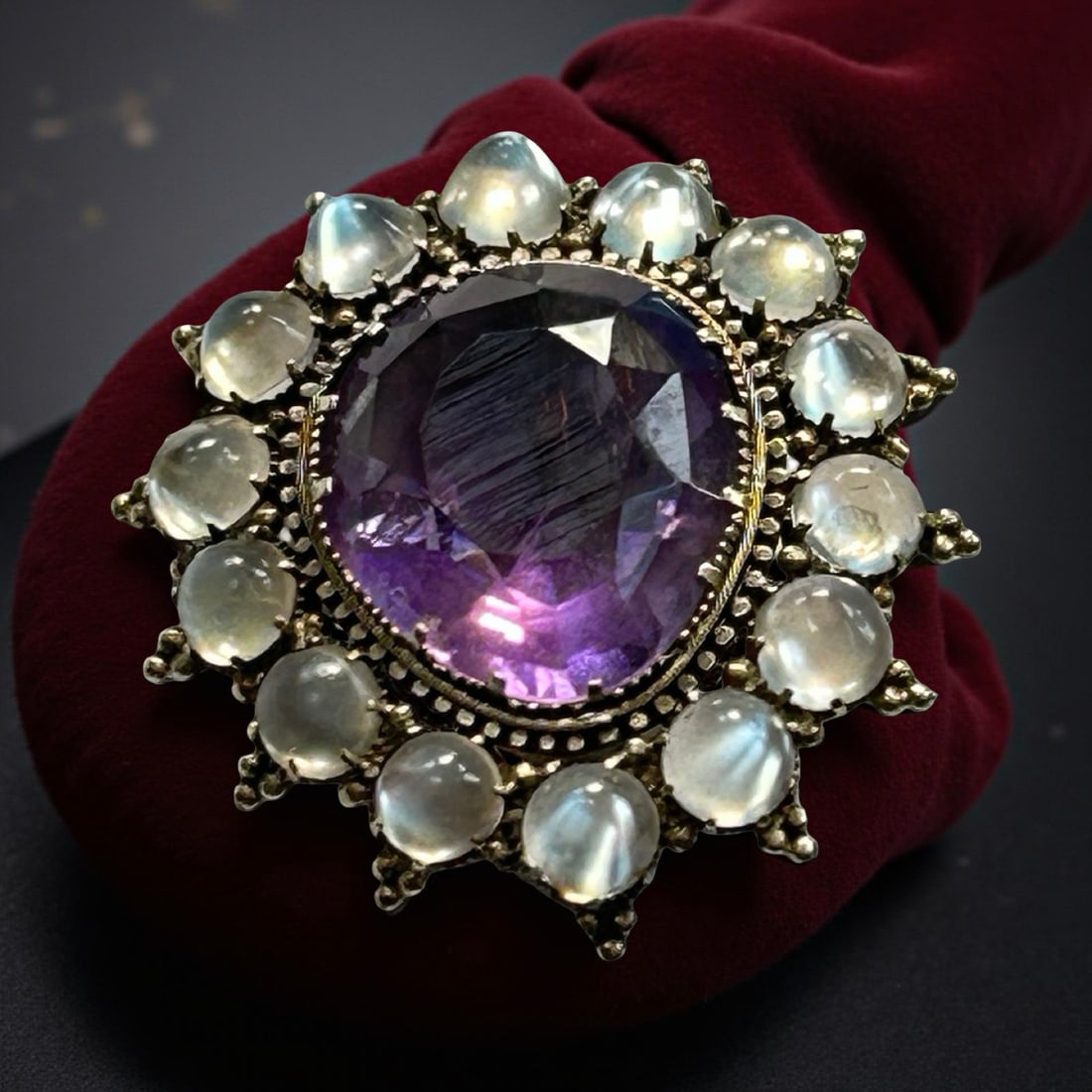 Antique moonstone and amethyst brooch. 9ct gold filled (?): Condition: Generally good commensurate with age and use. Evidence of some tiny solder repairs (hard to see) Gross weight: 11.21 g approx. Dimensions: 40 x 32mm approx