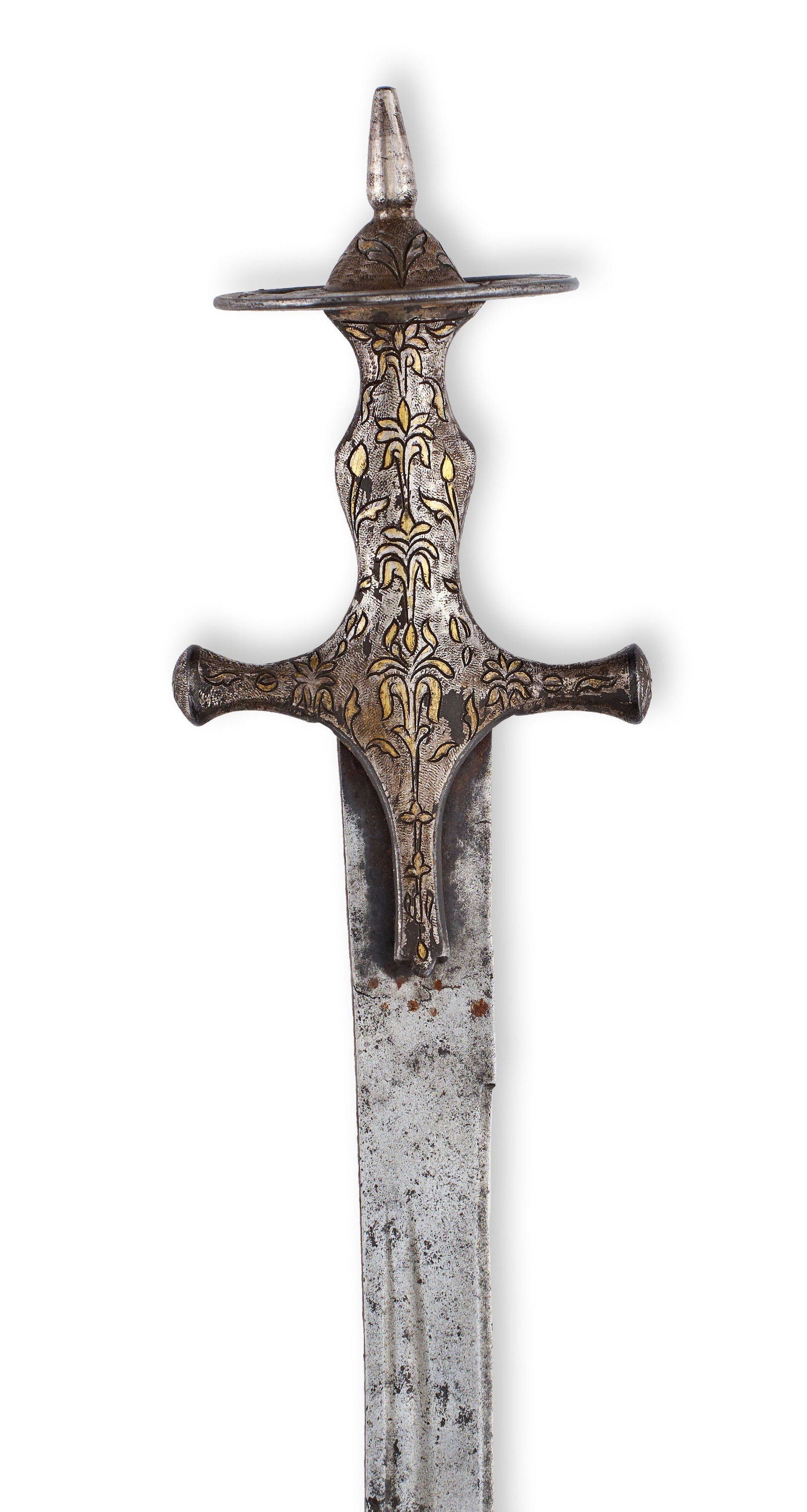 A GOLD KOFTGARI TULWAR SWORD, INDIA, 18TH - 19TH CENTURY: ATulwar featuring a single-edged, curved steel blade. The blade is constructed with a single fuller running along the spine. The iron hilt is of traditional form, incorporating a characteristic disc p