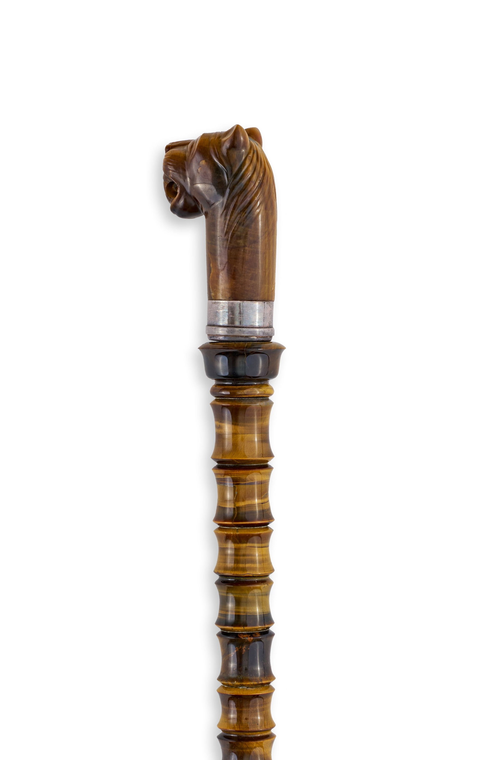 A TIGER'S EYE AND SILVER-TONED METAL WALKING STICK WITH CARVED FELINE HANDLE, INDIA, 20TH CENTURY (1 of 10)