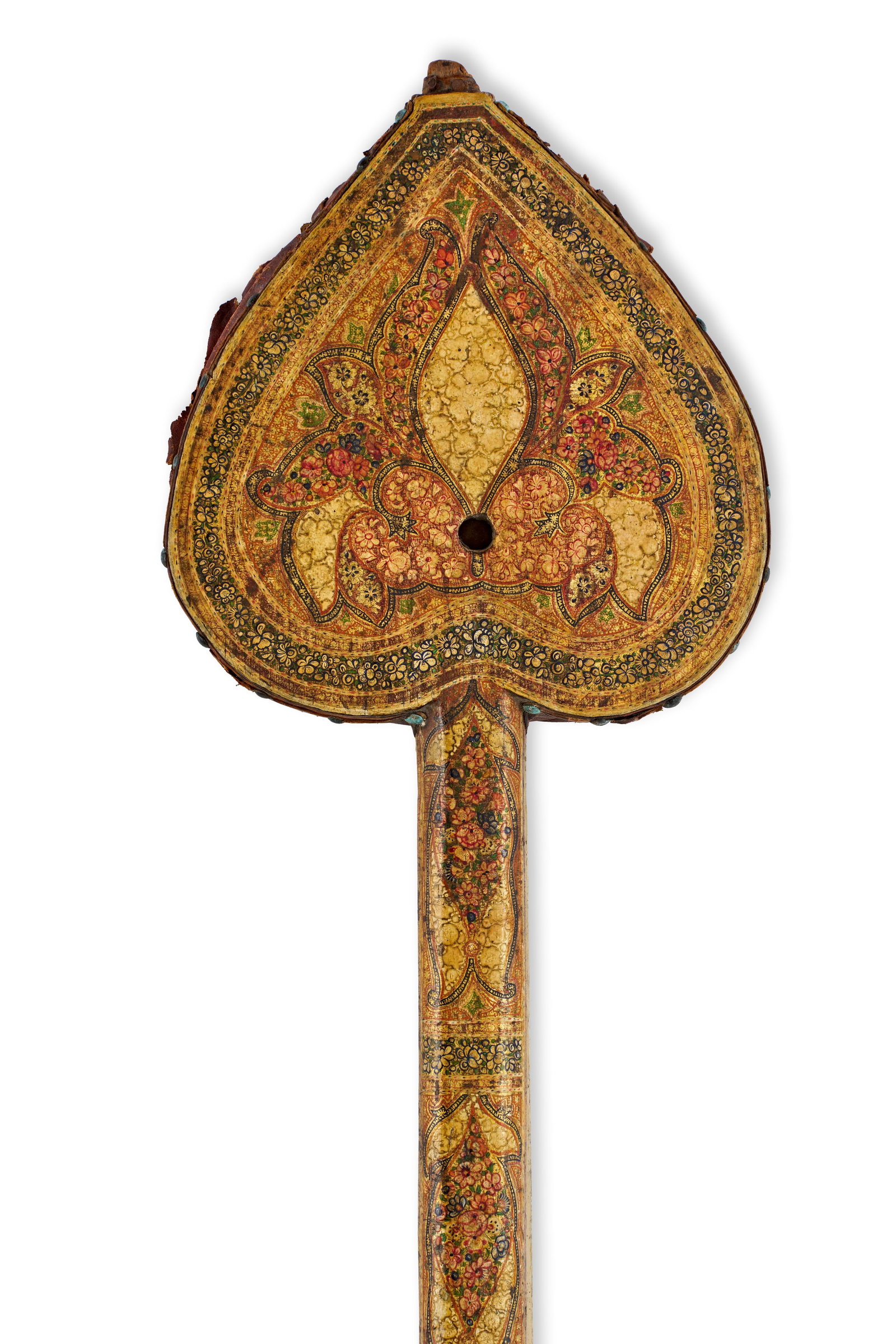 A PAIR OF KASHMIR LACQUER BELLOWS, INDIA, 19TH CENTURY: This pair of 19th-century lacquer bellows is constructed with heart-shaped wooden plates and long, tapered handles. The exterior surfaces are decorated in the Kashmir style with polychrome floral patt