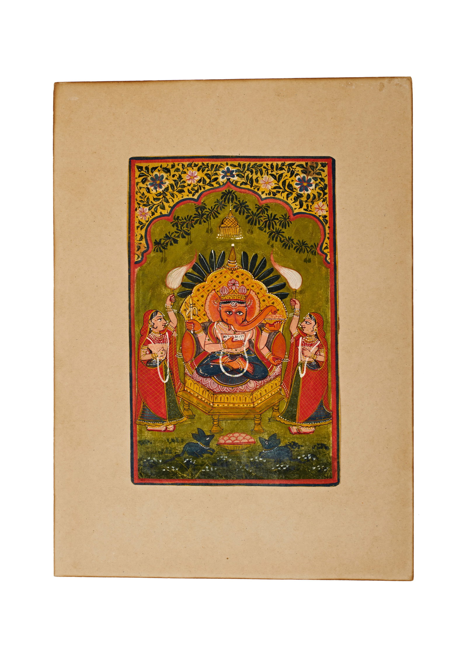 A RAJASTHAN MINIATURE PAINTING OF LORD GANESHA, INDIA, 18TH - 19TH CENTURY: This Indian miniature painting is executed in gouache on paper and depicts the Hindu deity Lord Ganesha. The figure is shown with orange skin and multiple arms, seated upon an ornate golden throne. He