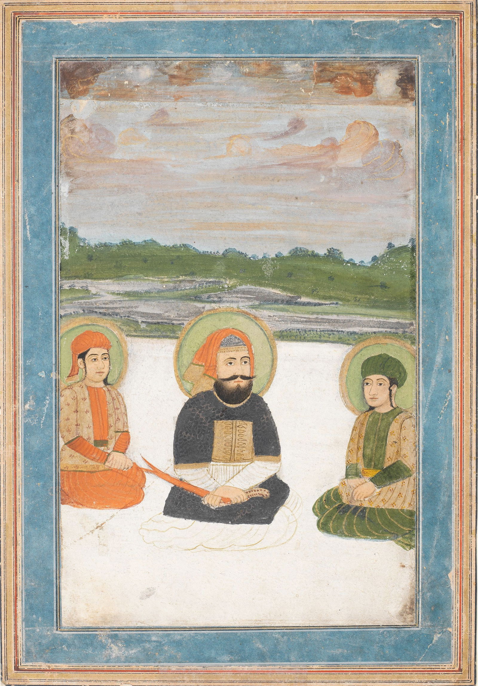 A NORTH INDIAN MINIATURE PAINTING DEPICTS IMAM â€™ALI WITH HIS TWO SONS, HASAN AND HUSAIN, 19TH: gouache and gold on paper, laid down on an album page with coloured borders 267 x 185 mm