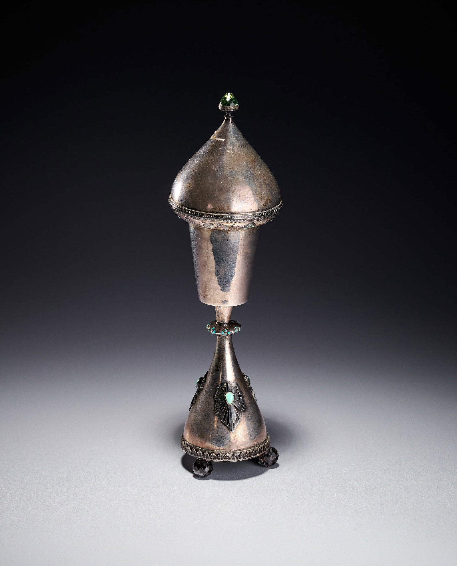 A PERSIAN TURQUOISE INSET AND ENAMELLED SILVER LIDDED CHALICE, PROBABLY FOR THE CHRISTIAN IN (1 of 5)