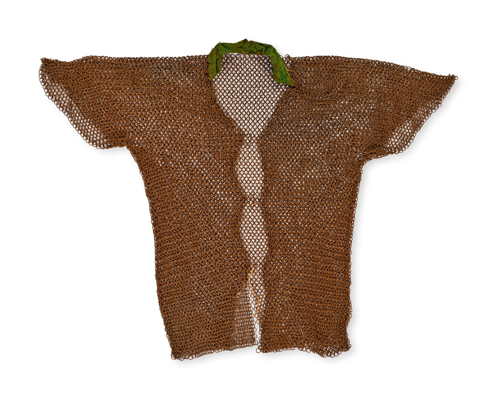 AN INDIAN METAL MAIL SHIRT, 18TH - 19TH CENTURY: Interlinked iron rings in a four-in-one weave, featuring a wide-shouldered, tunic-like form with a green fabric-lined collar. 87 x 64 cm 