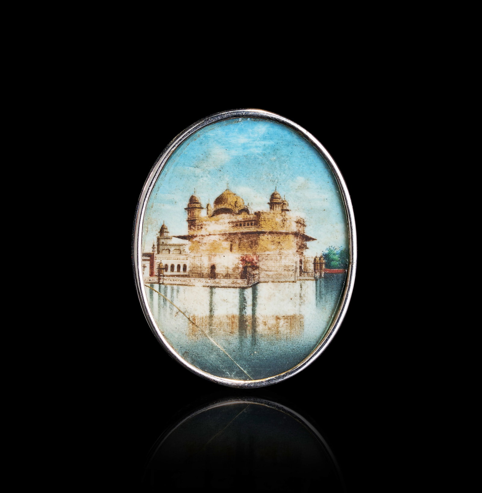 A SIKH SCHOOL MINIATURE PAINTING OF THE GOLDEN TEMPLE IN STERLING SILVER FRAME, 19TH CENTURY (1 of 3)