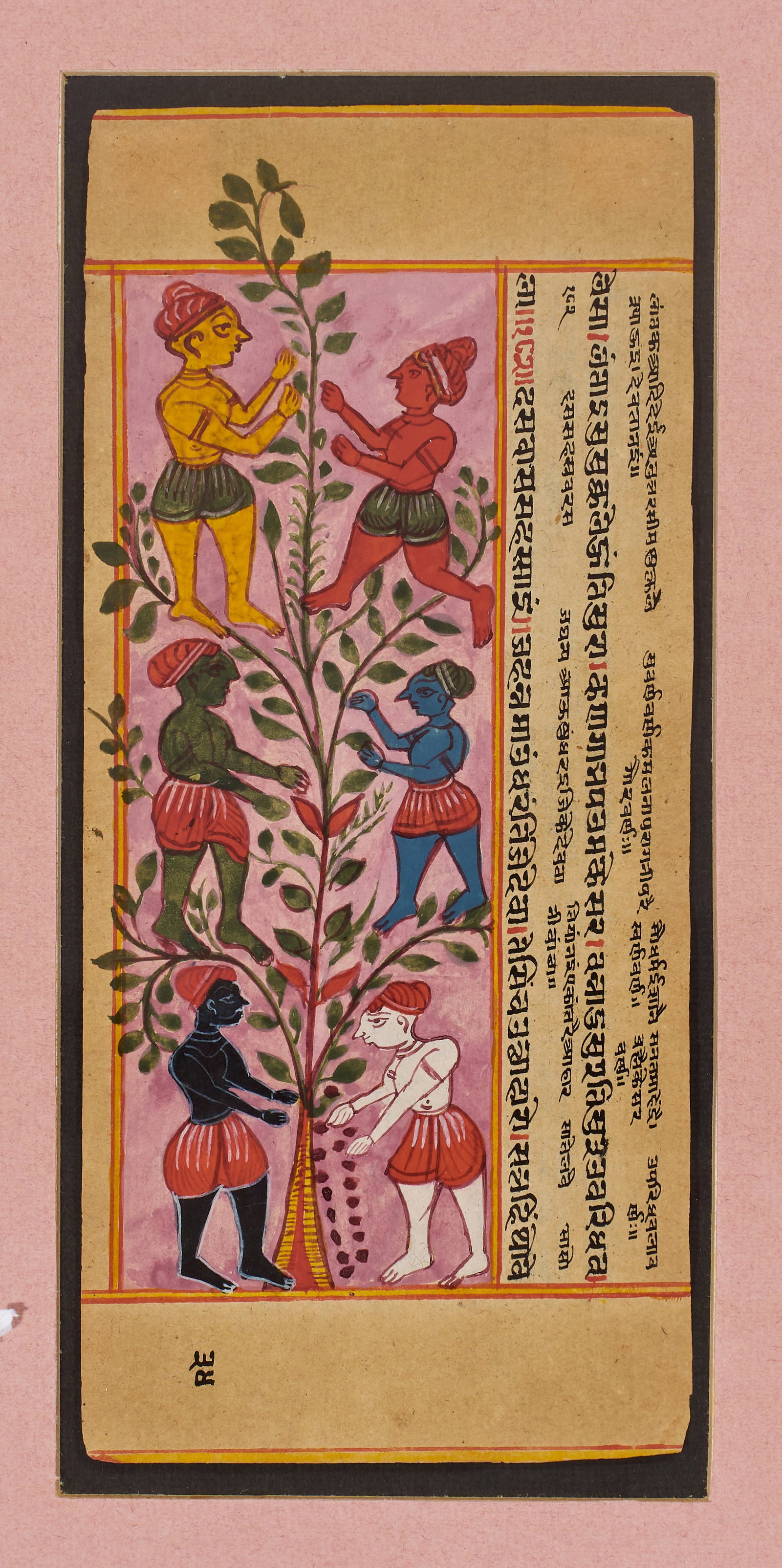 A JAIN PAINTING DEPICTING THE LESHYA-VRKSHA TREE OF SOUL, WESTERN INDIA, 18TH-19TH CENTURY: This manuscript folio from Western India, likely originating in Gujarat or Rajasthan, is executed in opaque pigments and ink on paper. The central illustration depicts the Leshya-Vrksha, or the Tree o