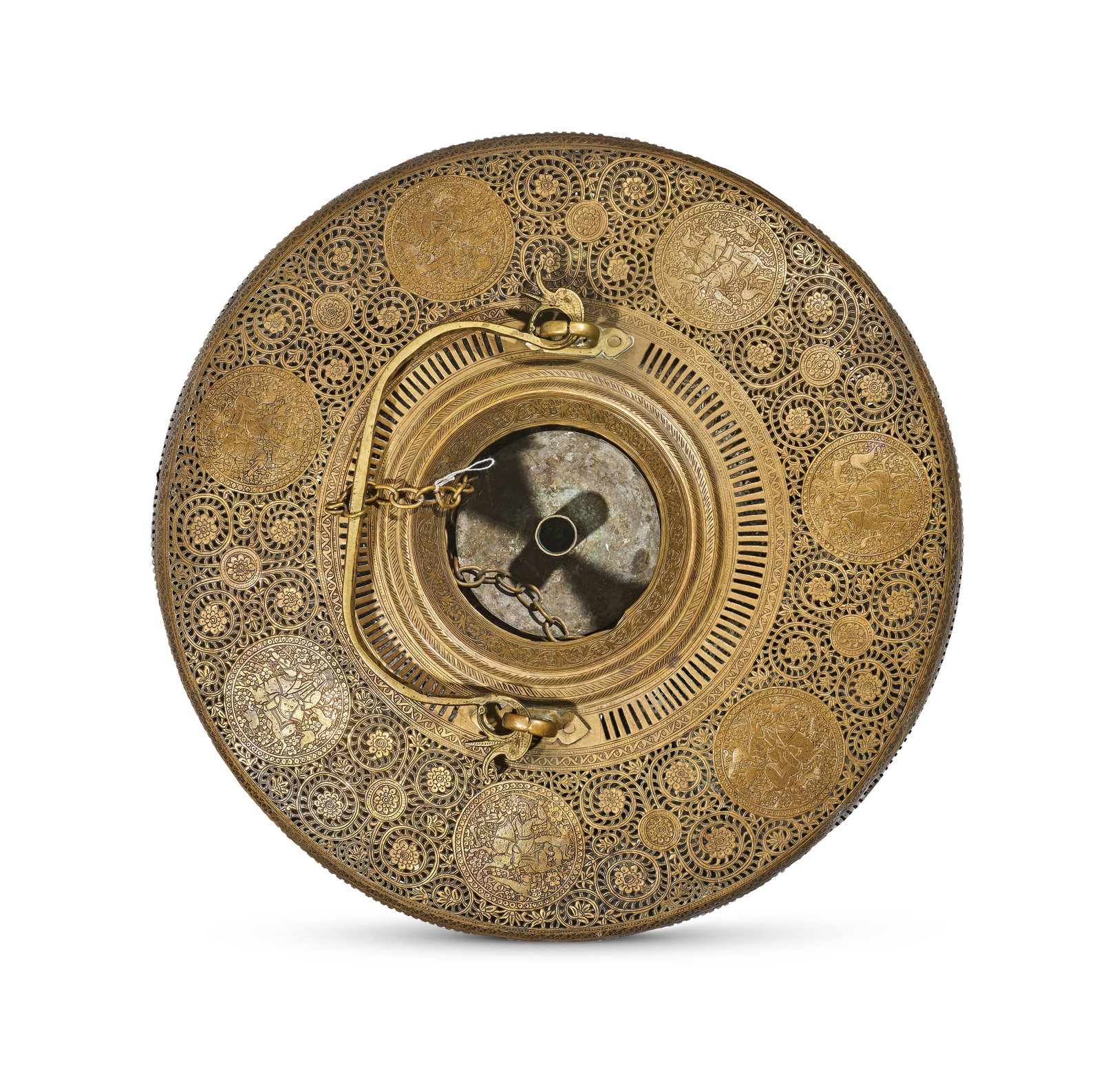 A QAJAR ROUND PIERCED AND ENGRAVED BRASS LAMP, PERSIA, 19TH CENTURY (1 of 8)