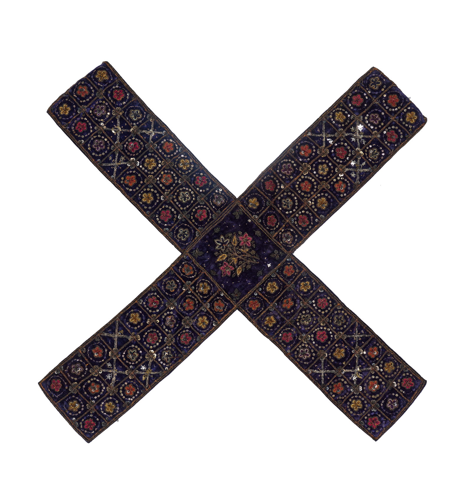 A CHAUPAR (OR CHAUPAD) GAME BOARD EMBROIDERED PURPLE SILK VELVET X-SHAPED TEXTILE WITH METALLIC (1 of 3)